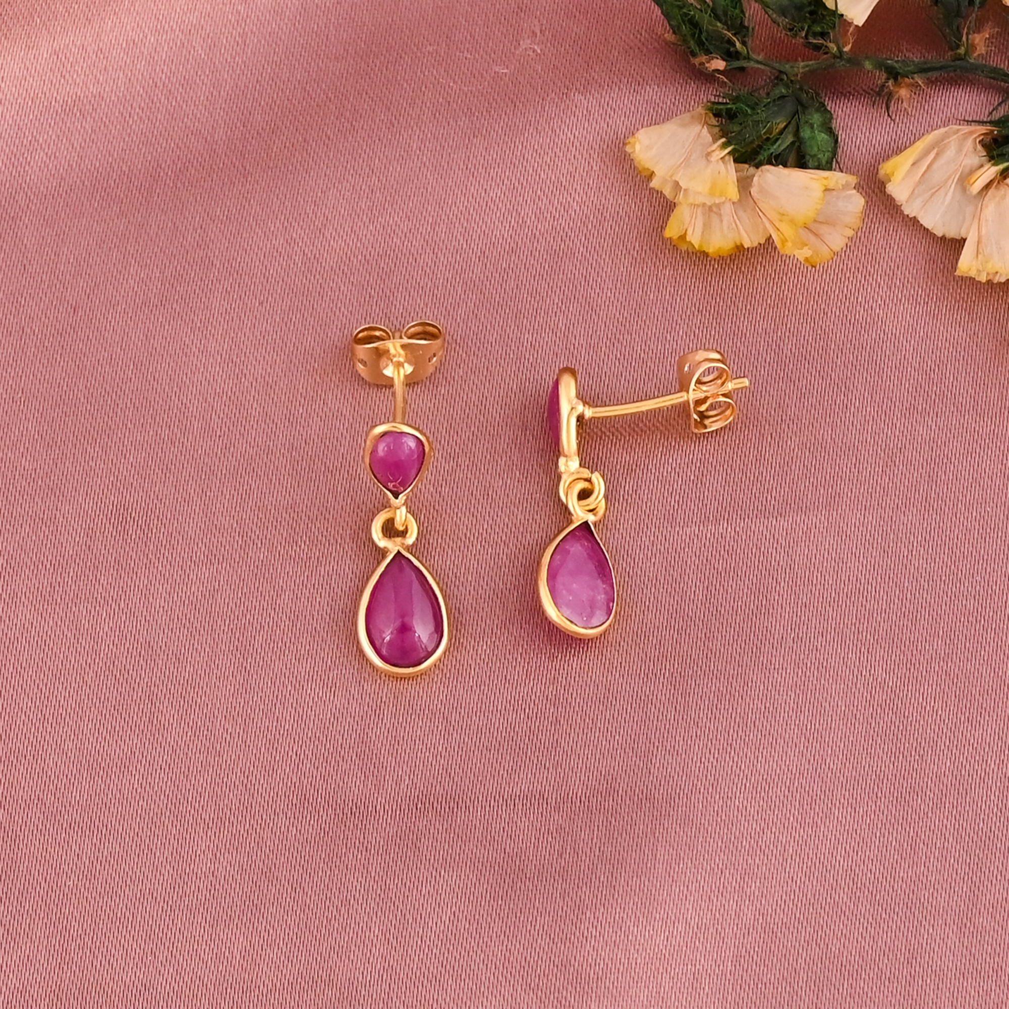 Natural Johnson Ruby Gemstone Drop Earrings Gold Plated 925 Sterling Silver