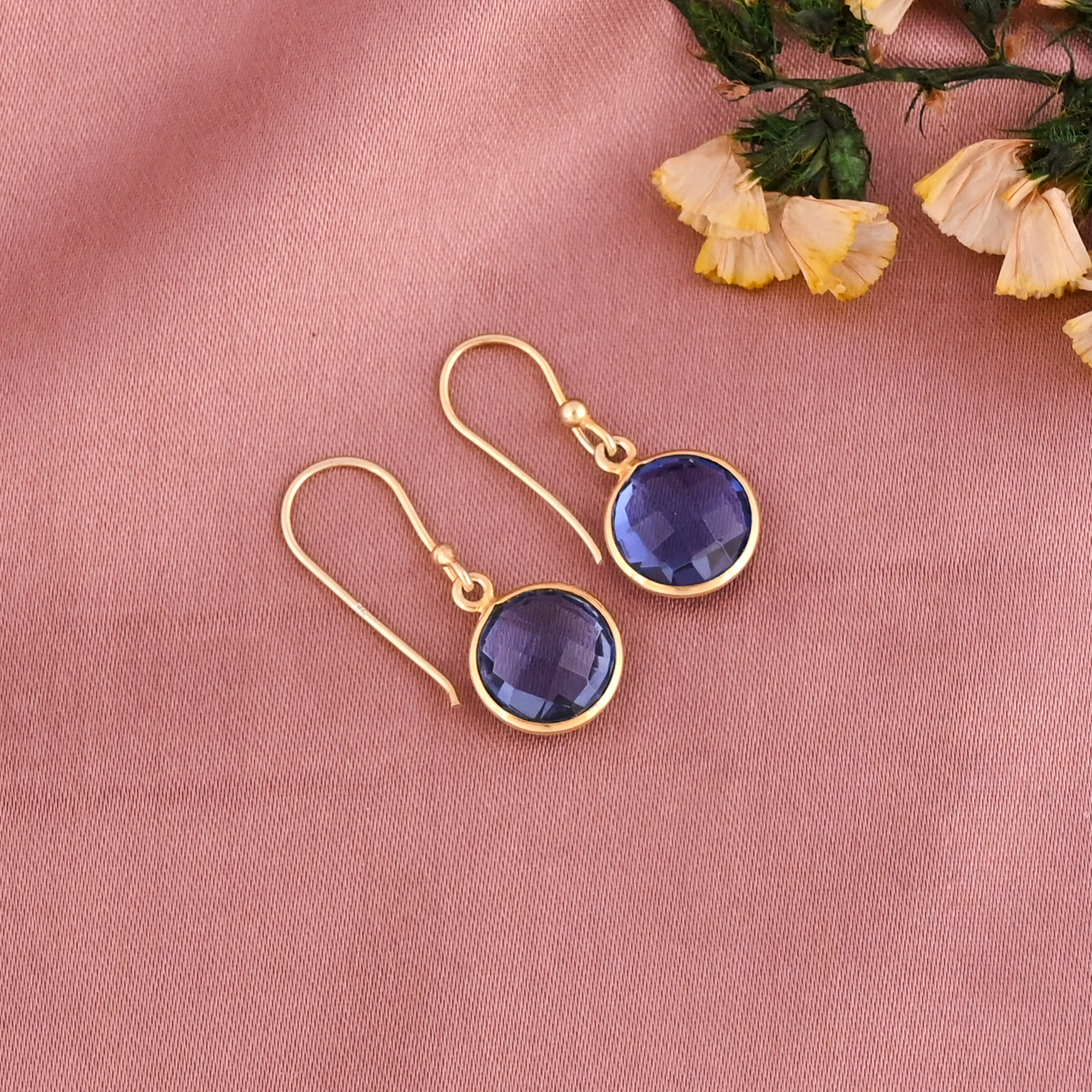 Ink Blue Hydro Gemstone Minimalist Drop Earrings  Gold Plated Brass