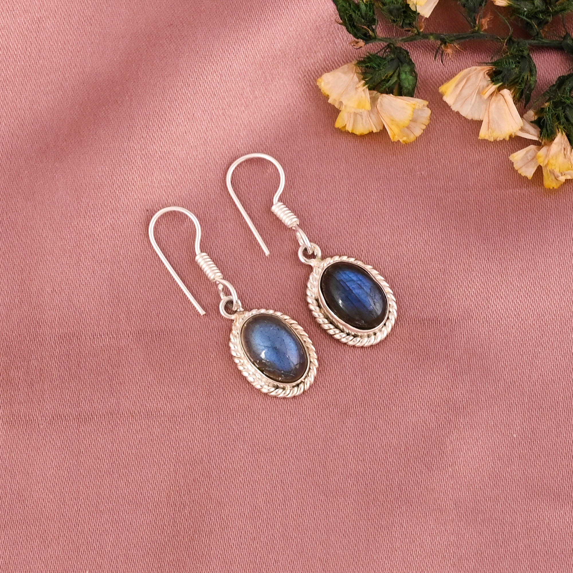 Natural Labradorite Gemstone Dangle Earrings Silver Plated Brass