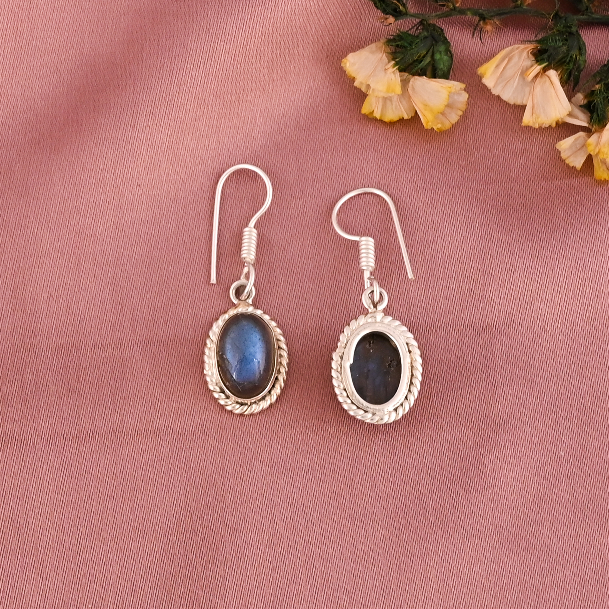 Natural Labradorite Gemstone Dangle Earrings Silver Plated Brass