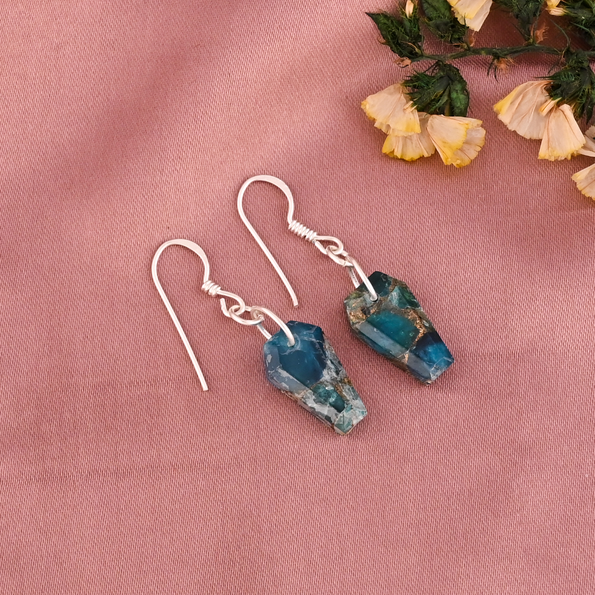 Natural Apatite Copper Mojave Gemstone Dangle Earrings Silver Plated Brass