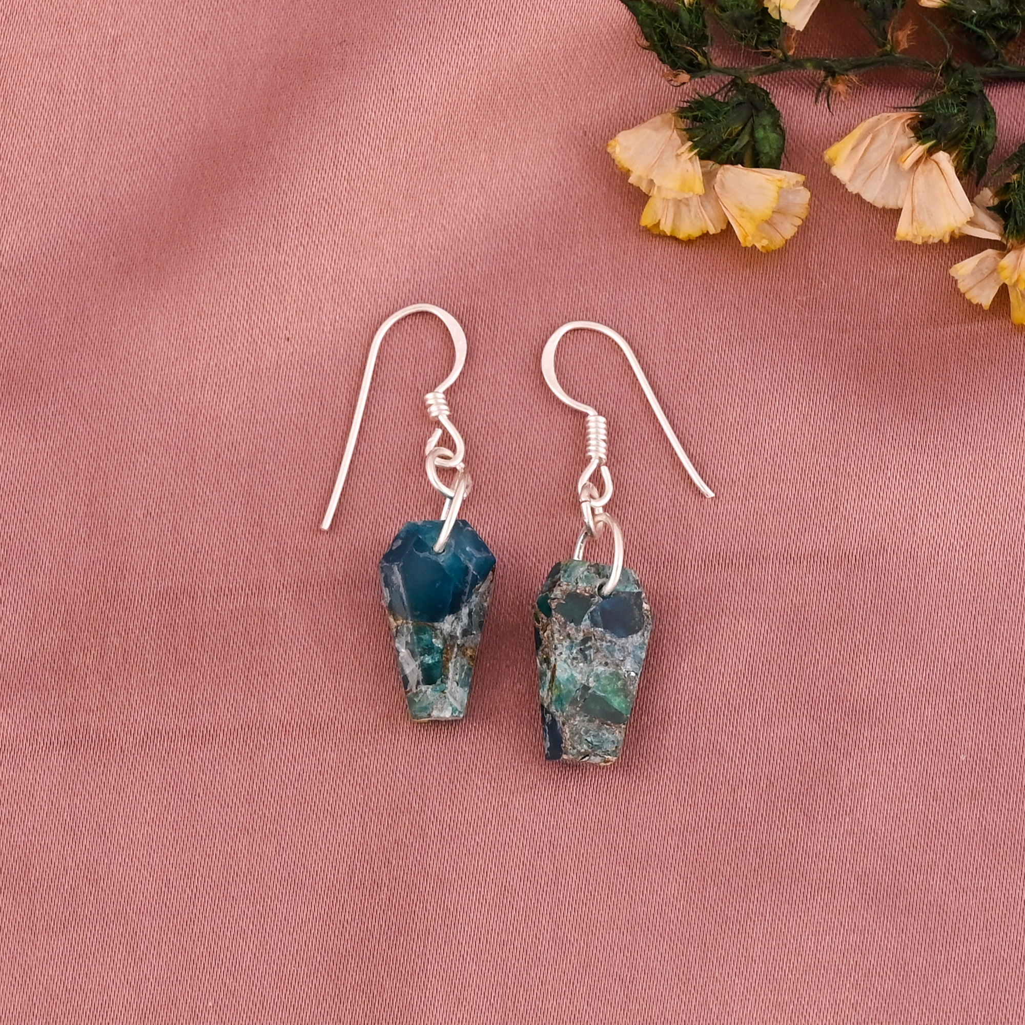 Natural Apatite Copper Mojave Gemstone Dangle Earrings Silver Plated Brass