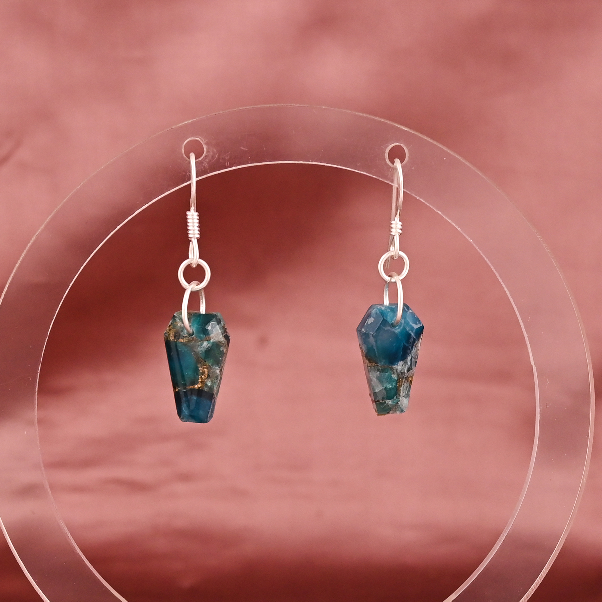 Natural Apatite Copper Mojave Gemstone Dangle Earrings  Silver Plated Brass