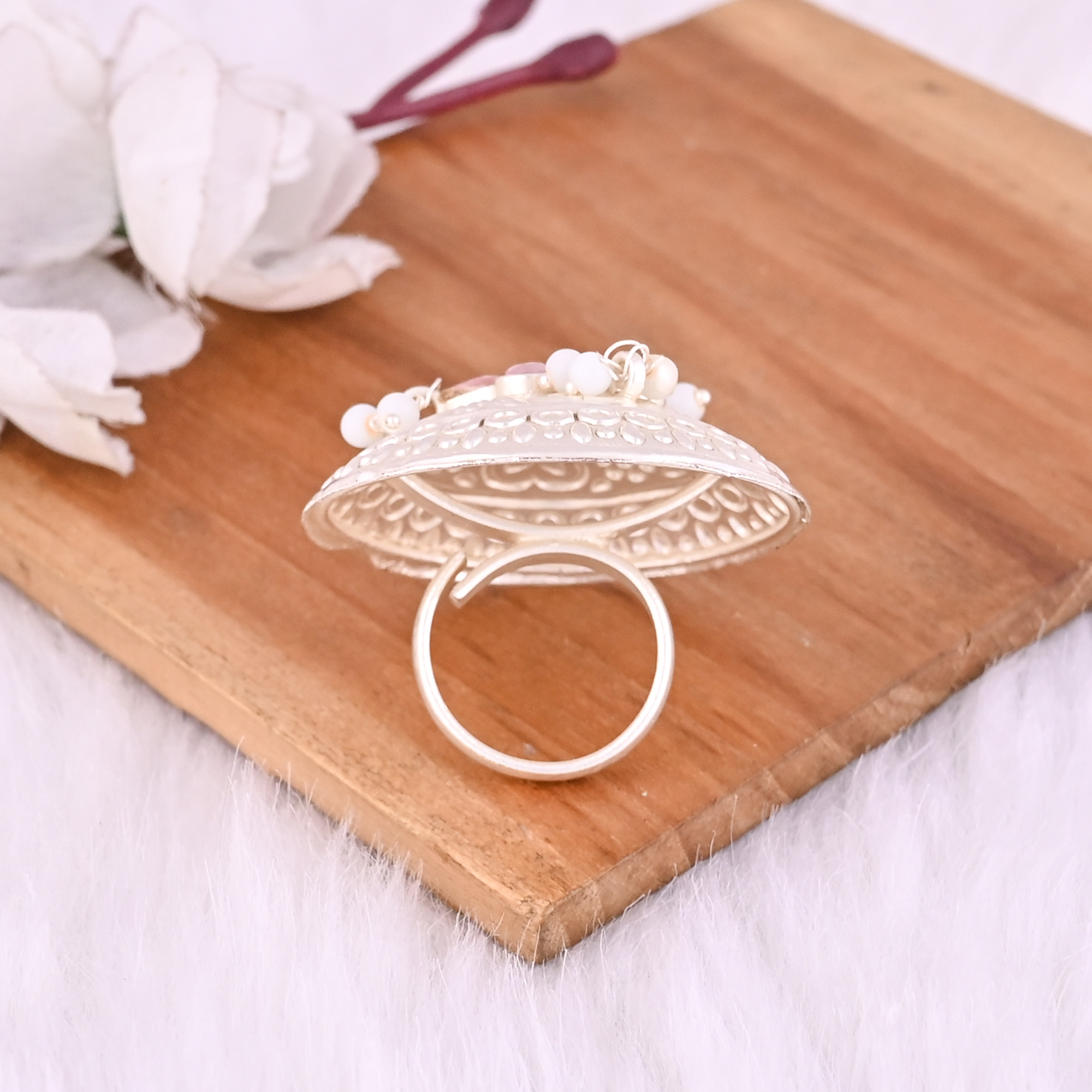 Pink Hydro Pearl CZ Gemstone Floral Design Boho Adjustable Big Ring