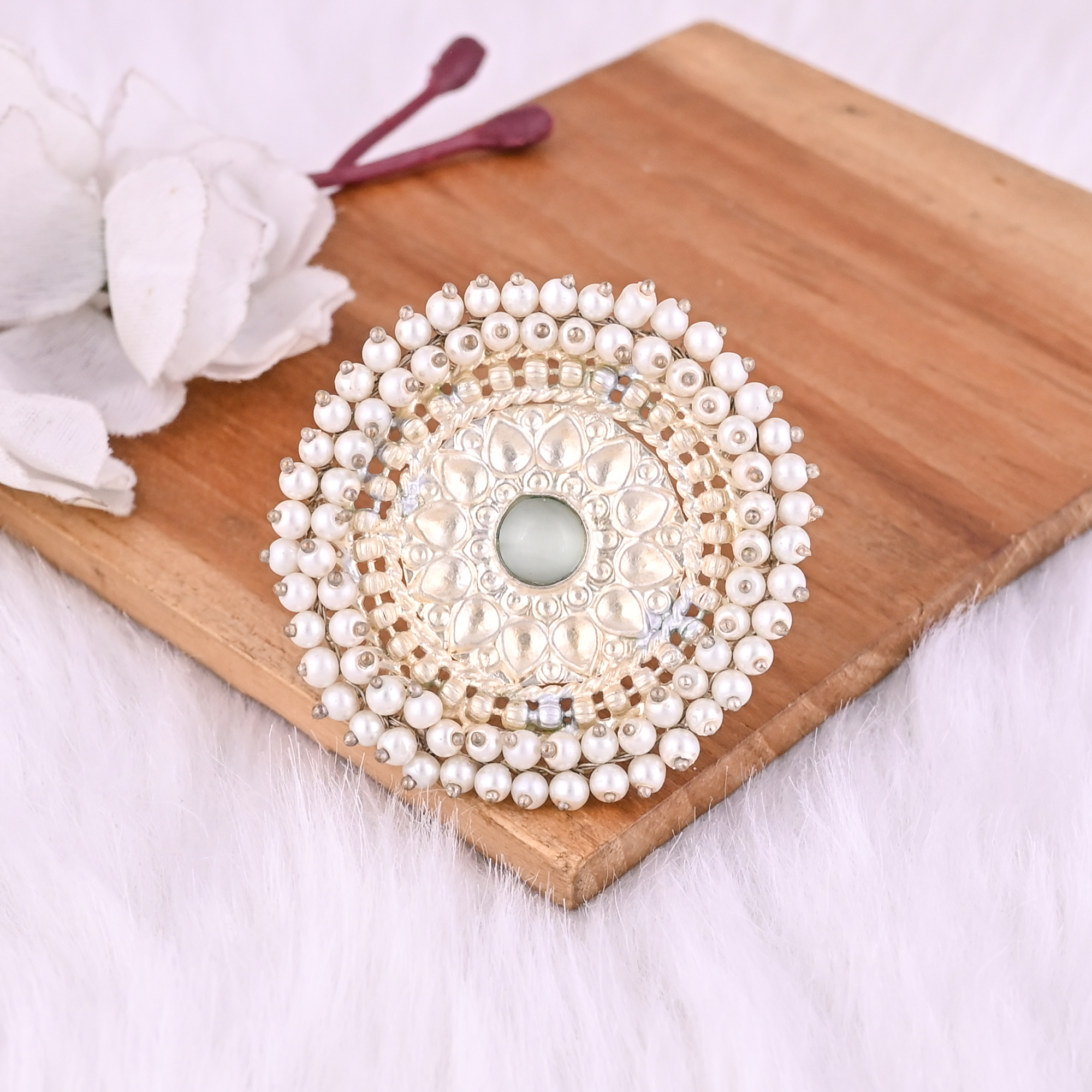 Gray Catseye  Pearl Gemstone Floral Design Boho Adjustable Big Ring