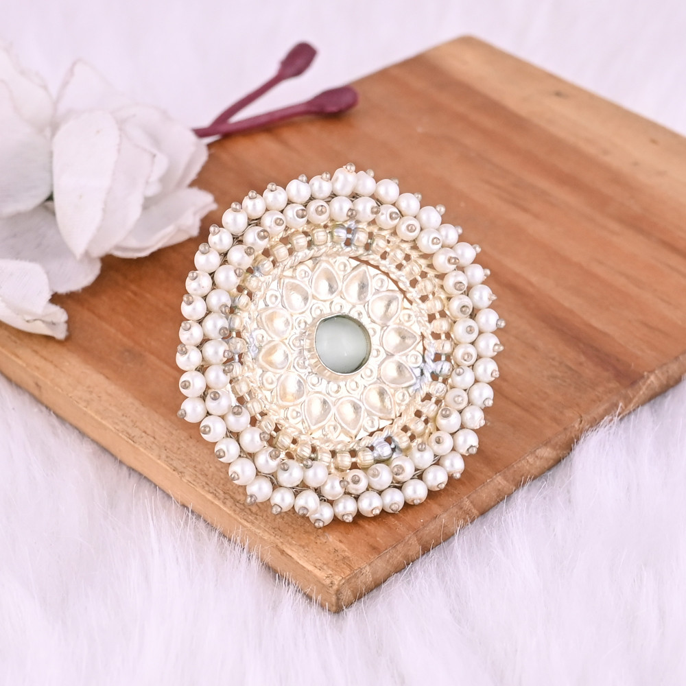 Image of Gray Cat'seye &amp; Pearl Gemstone Floral Design Boho Adjustable Big Ring