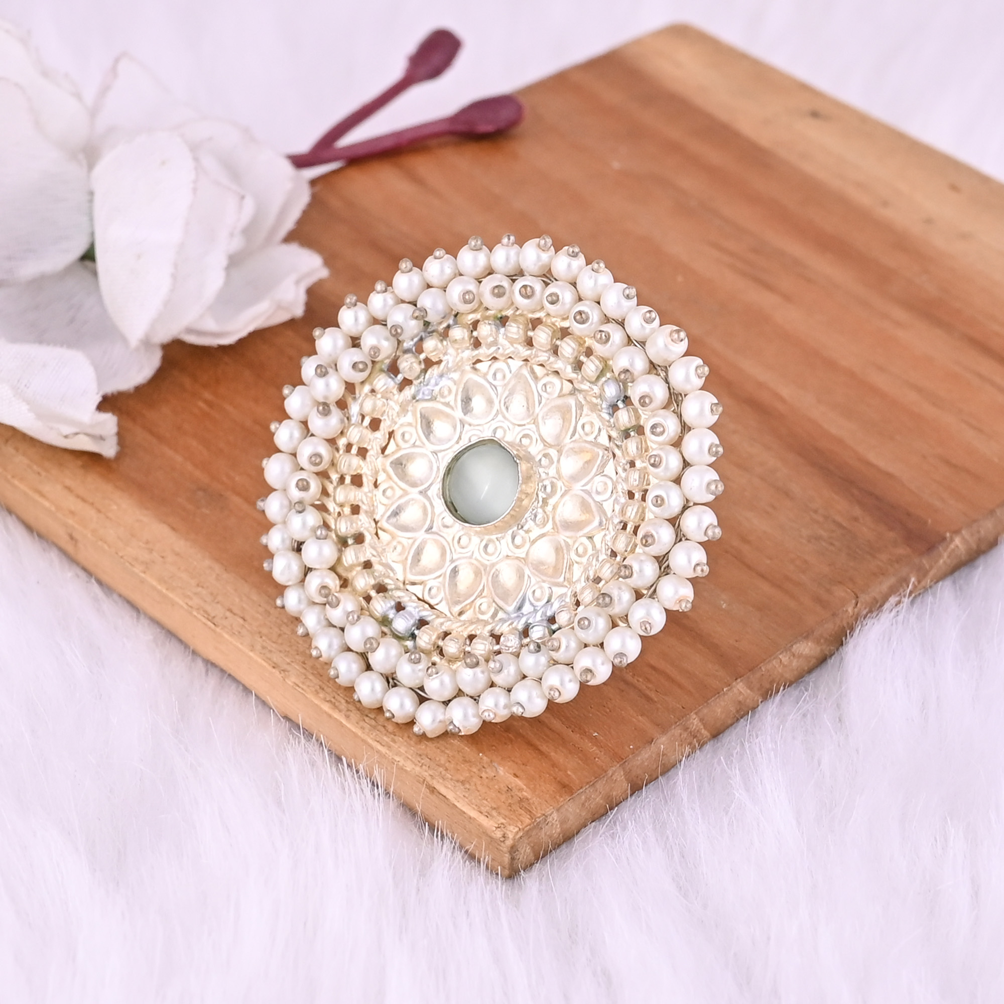 Gray Catseye Pearl Gemstone Floral Design Boho Adjustable Big Ring