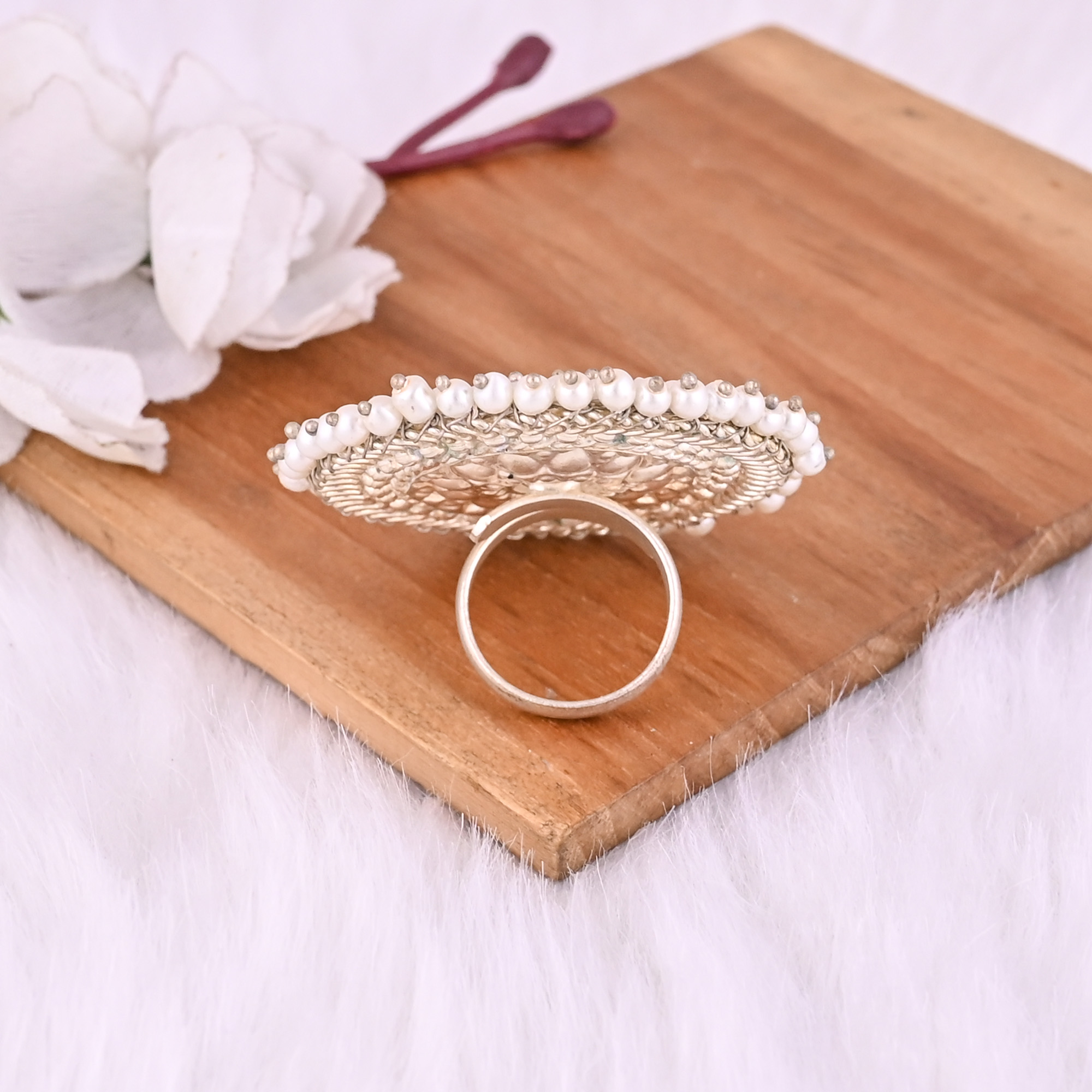 Gray Catseye  Pearl Gemstone Floral Design Boho Adjustable Big Ring