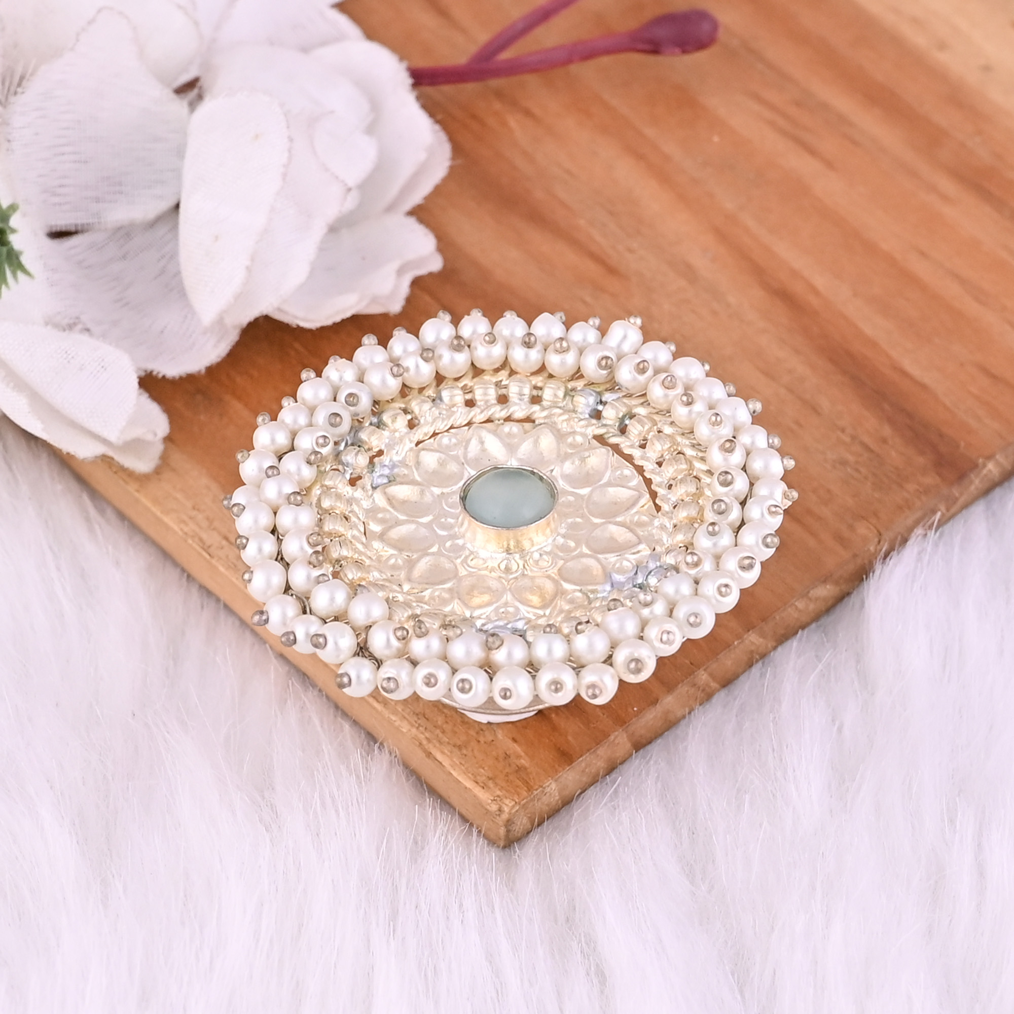 Green Catseye  Pearl Gemstone Floral Design Boho Adjustable Big Ring