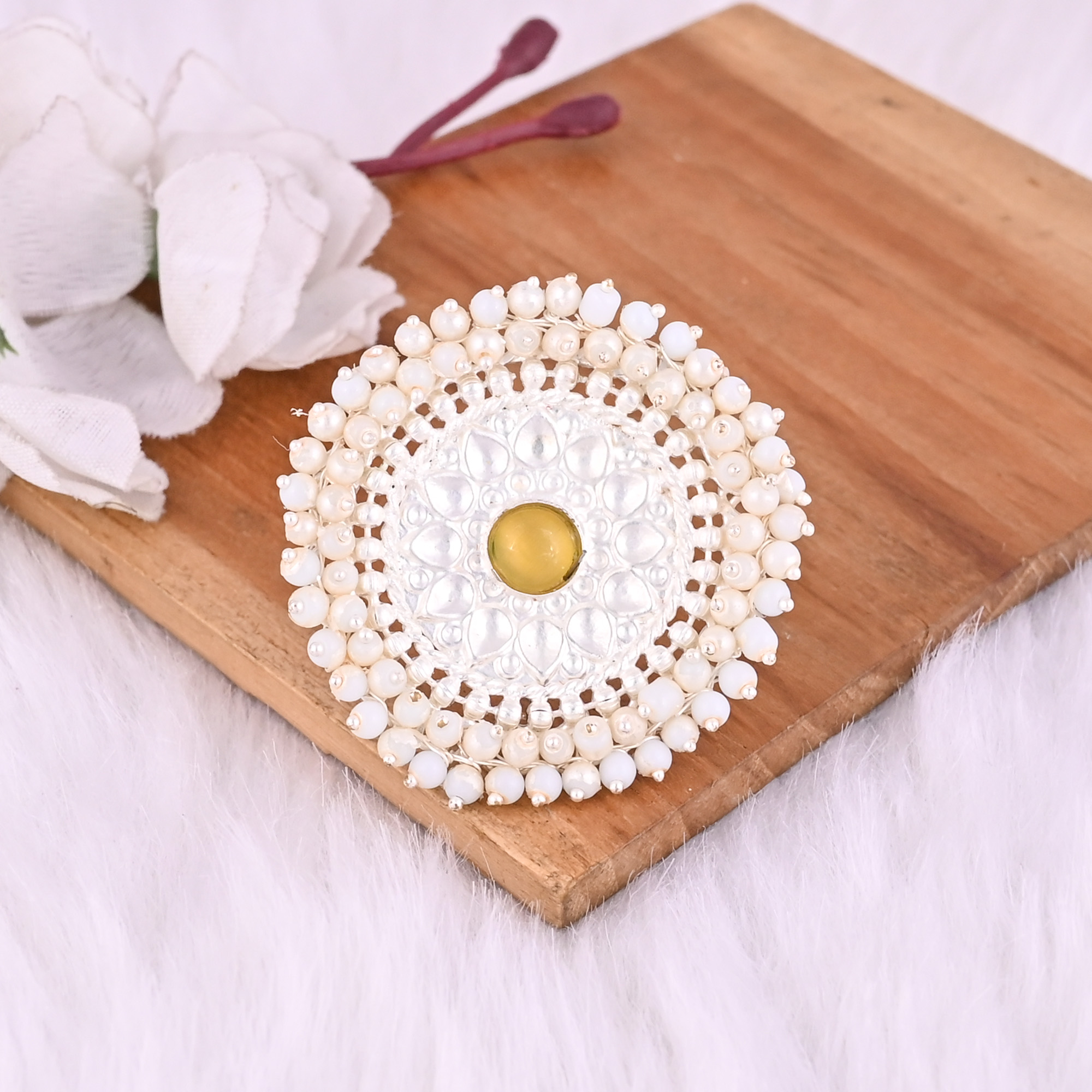 Yellow Catseye Pearl Gemstone Floral Design Boho Adjustable Big Ring
