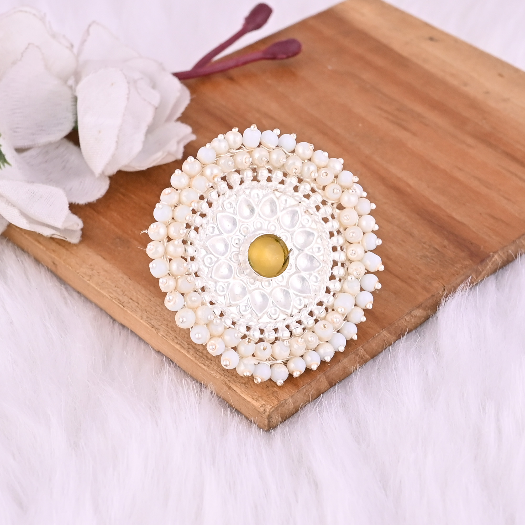 Yellow Catseye  Pearl Gemstone Floral Design Boho Adjustable Big Ring