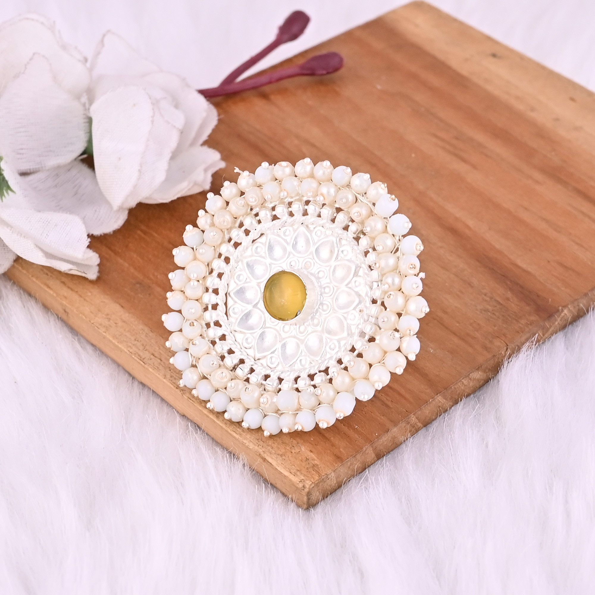 Yellow Catseye Pearl Gemstone Floral Design Boho Adjustable Big Ring