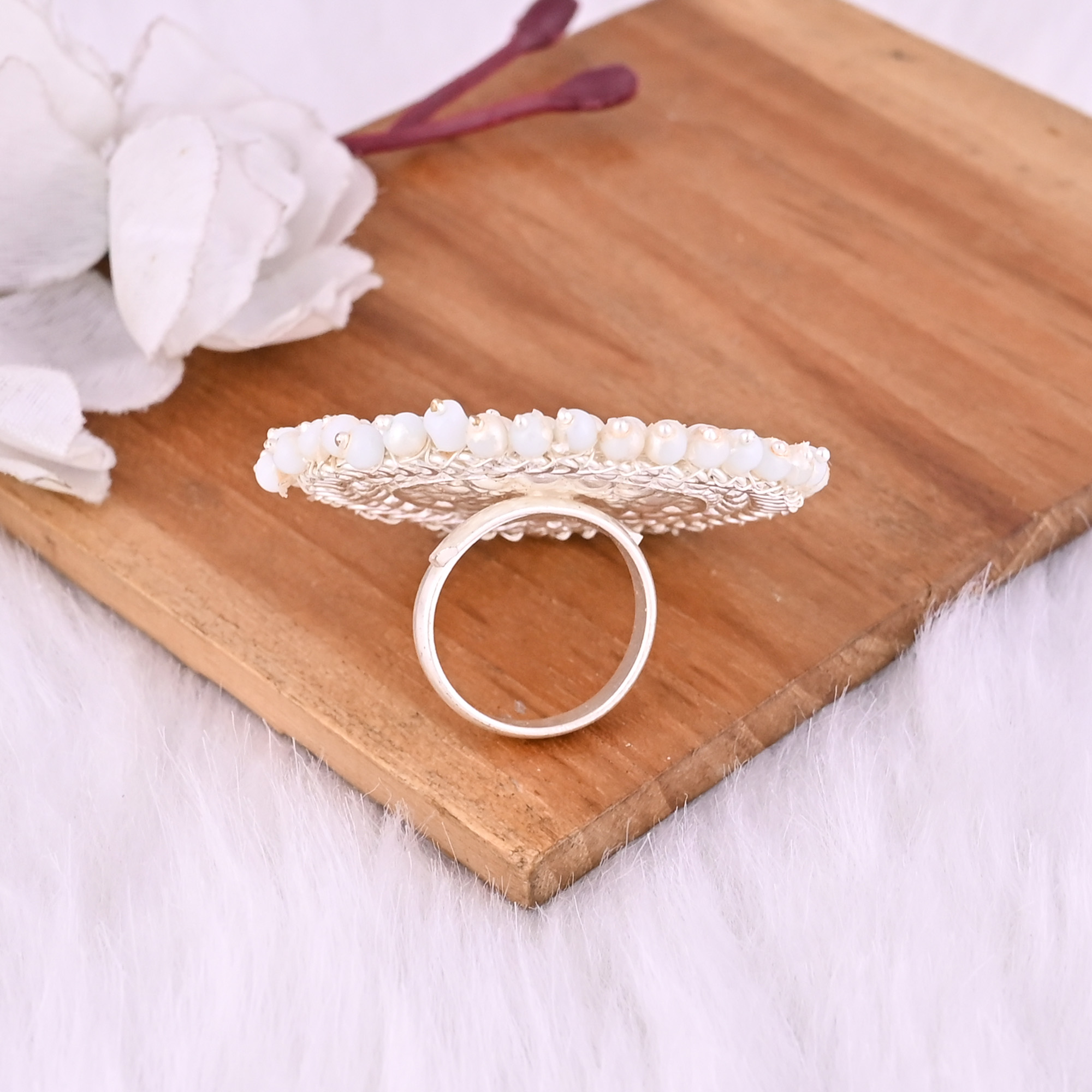 Yellow Catseye  Pearl Gemstone Floral Design Boho Adjustable Big Ring