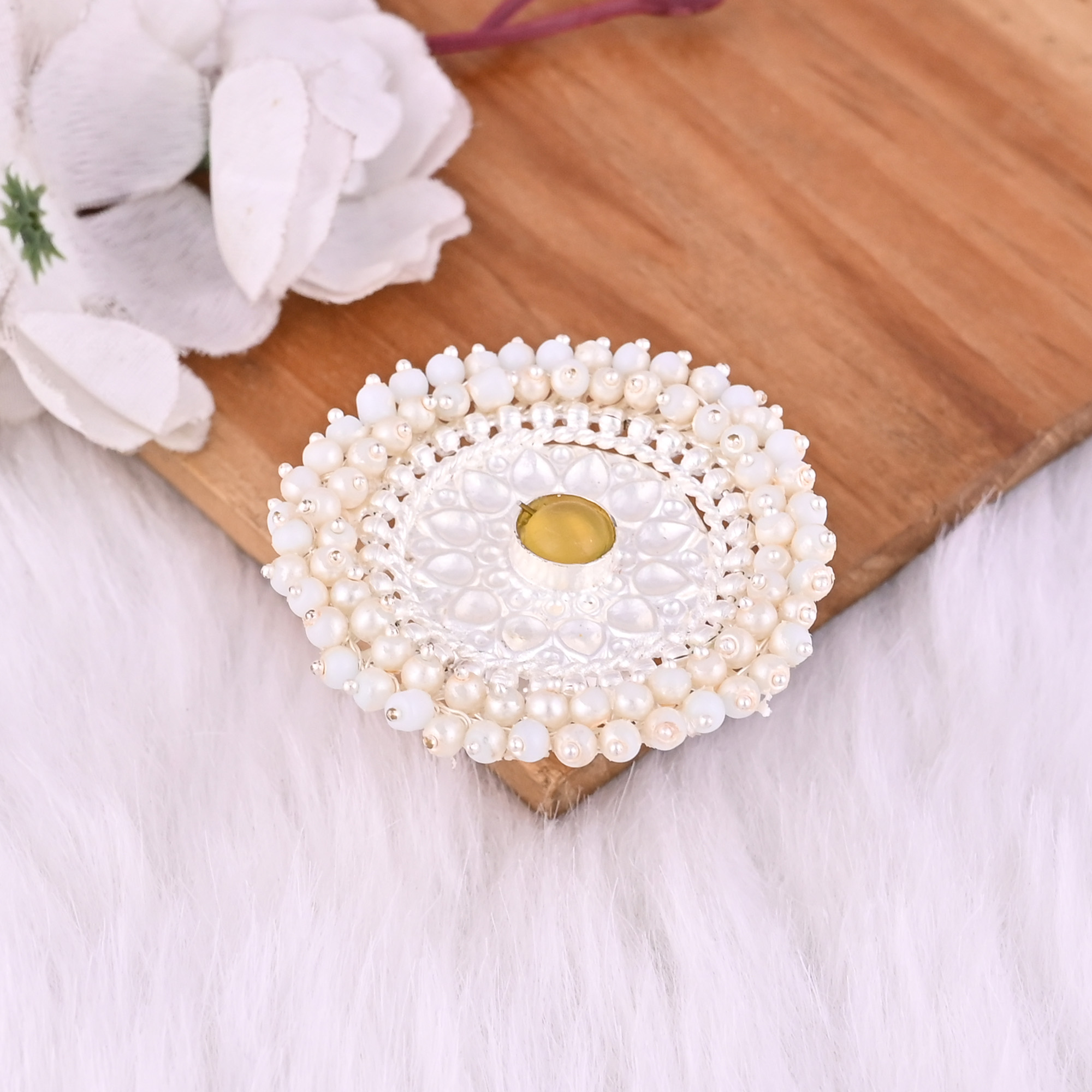 Yellow Catseye  Pearl Gemstone Floral Design Boho Adjustable Big Ring