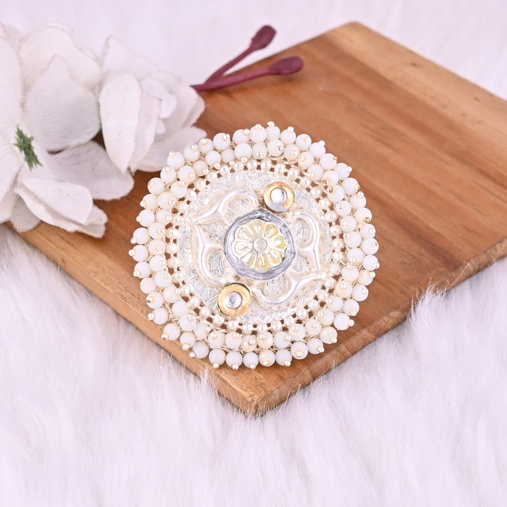 Image of Kundan &amp; Pearl Stone Floral Design Boho Adjustable Big Ring