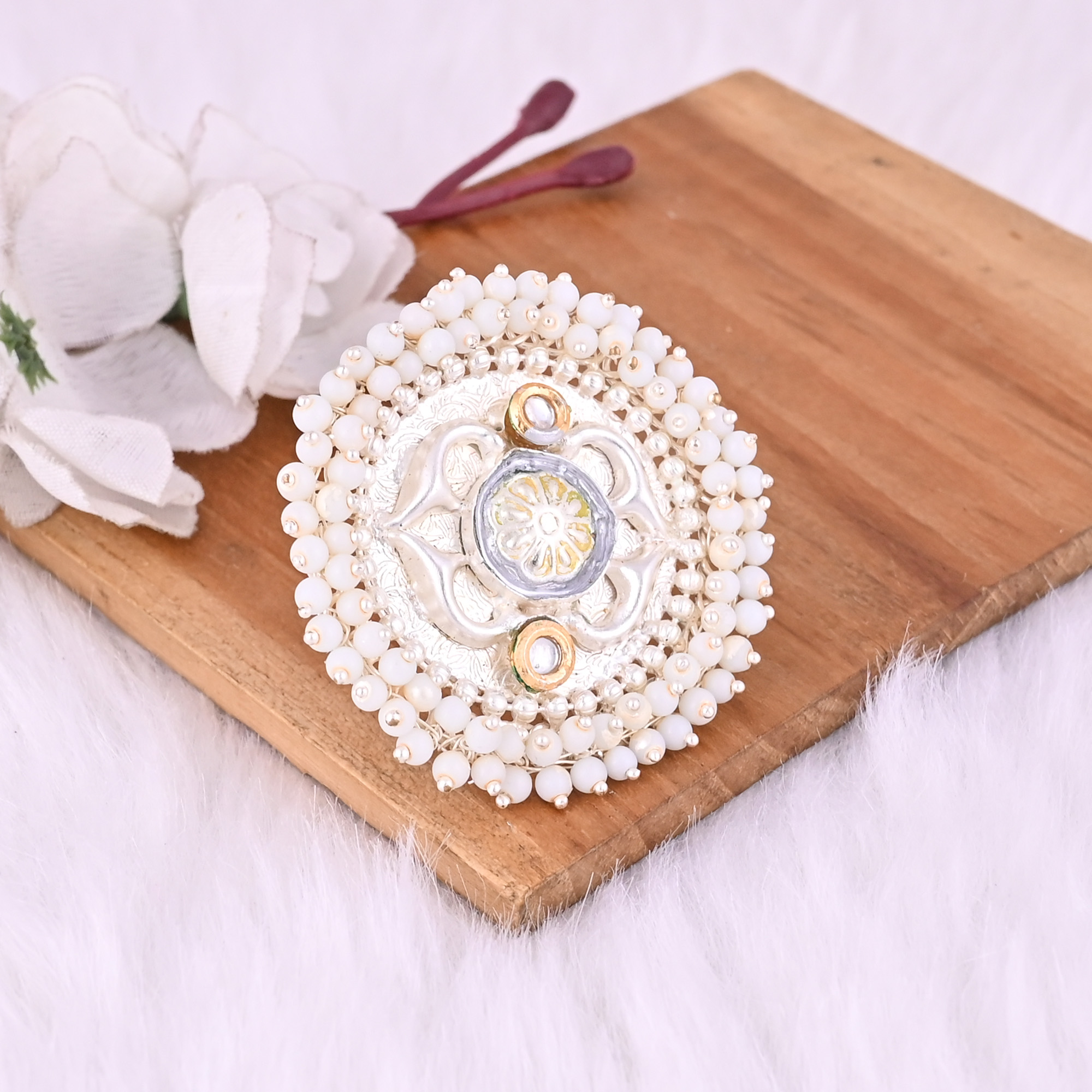 Kundan Pearl Stone Floral Design Boho Adjustable Big Ring