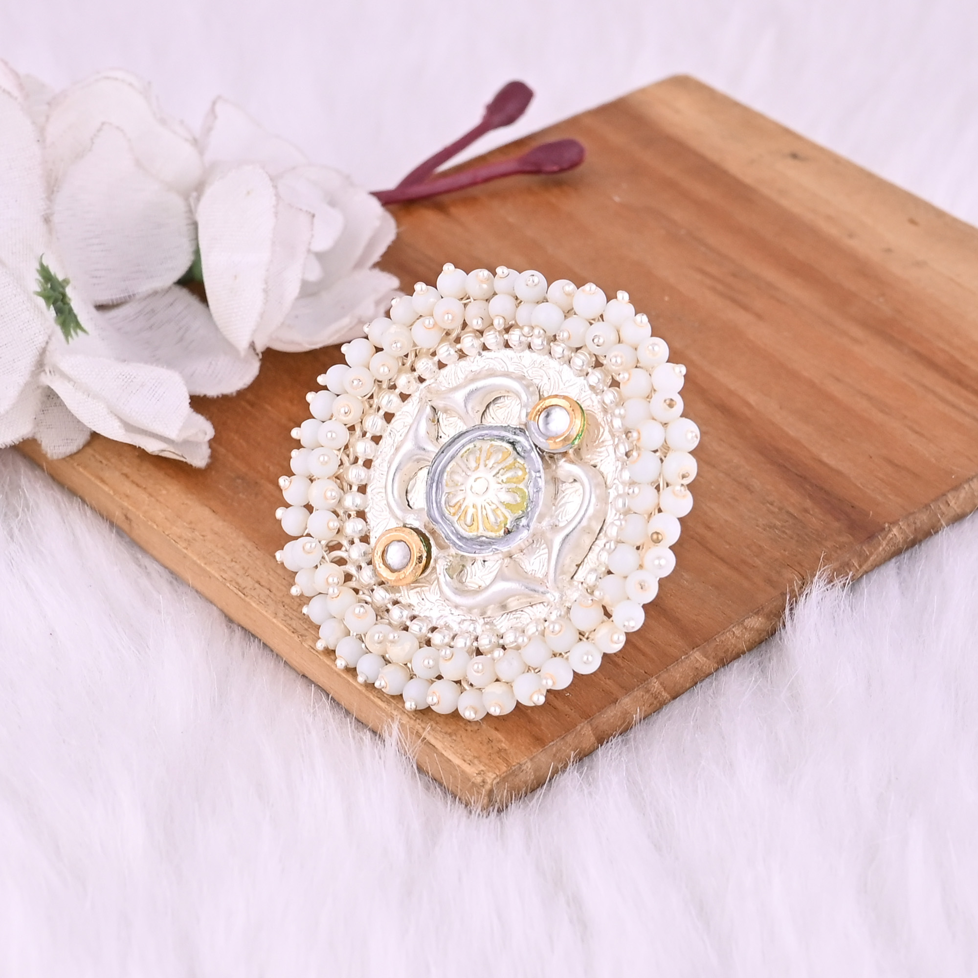 Kundan  Pearl Stone Floral Design Boho Adjustable Big Ring