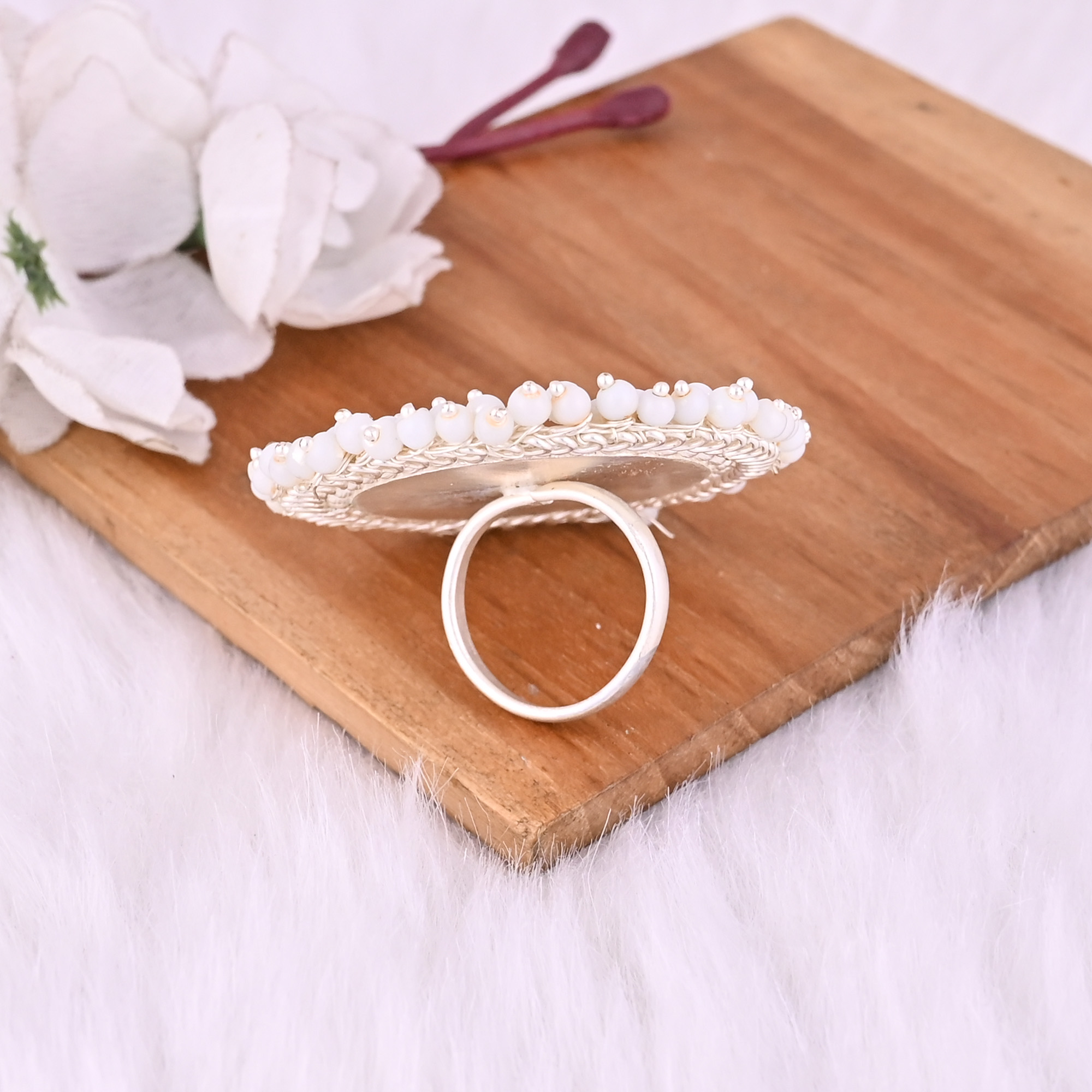 Kundan Pearl Stone Floral Design Boho Adjustable Big Ring