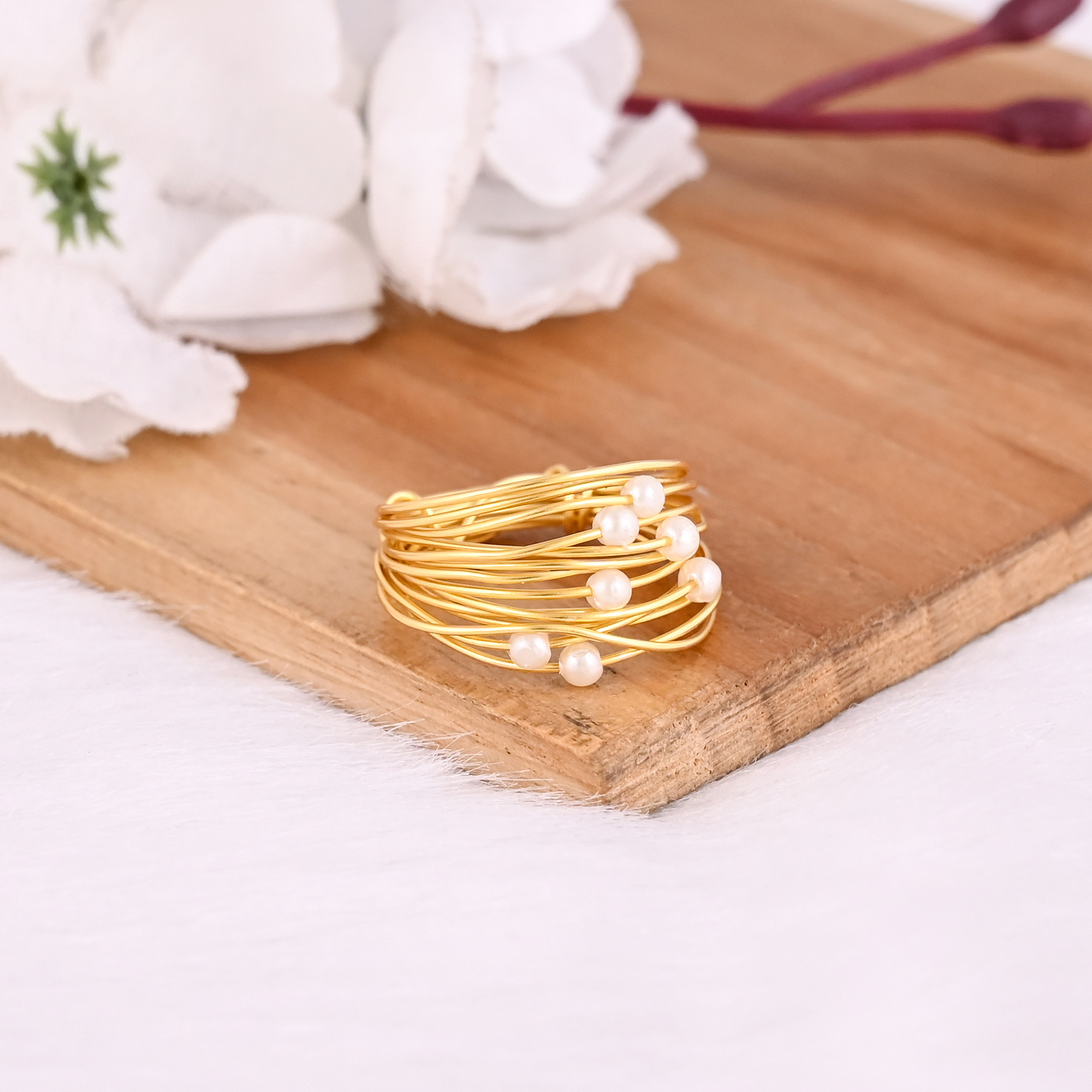 Wholesale Lot of 25 Stylish Yellow Gold Plated Brass Boho Statement Ring Handmade Designer Pearl Stone Jewelry for Women