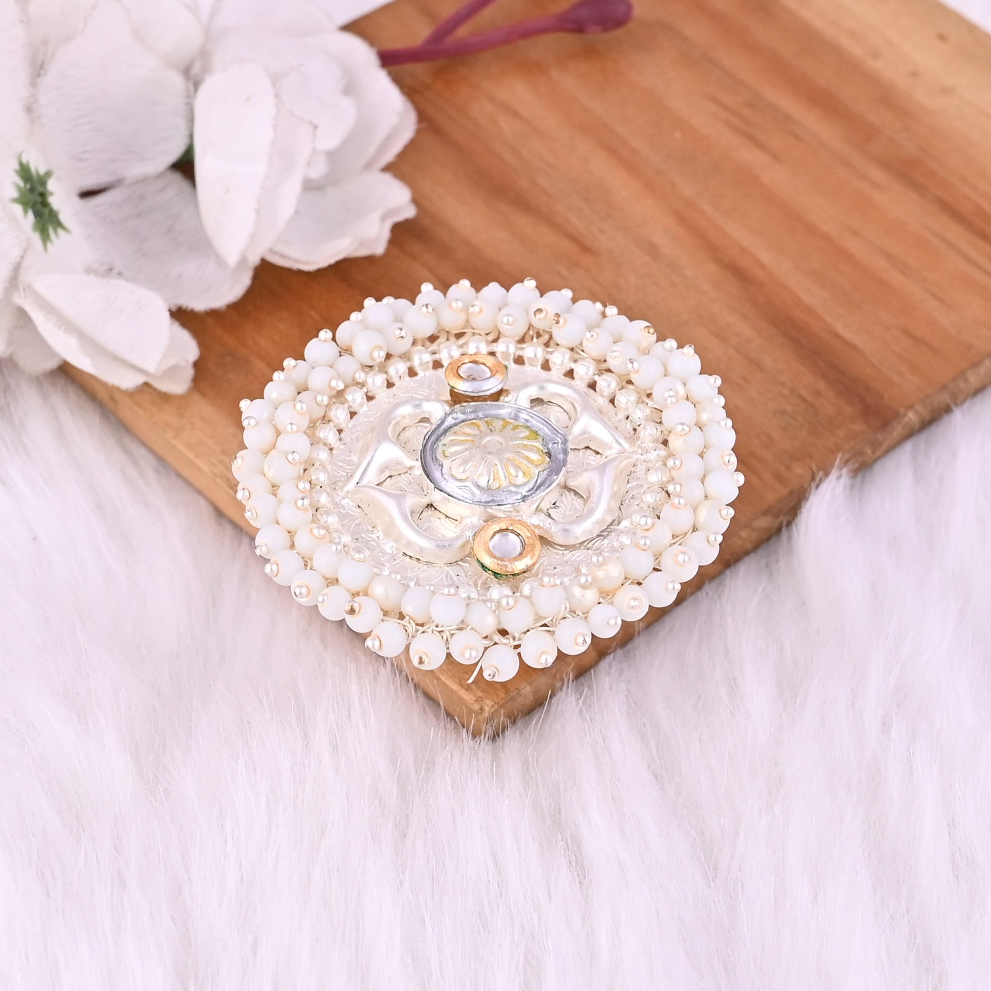 Kundan Pearl Stone Floral Design Boho Adjustable Big Ring