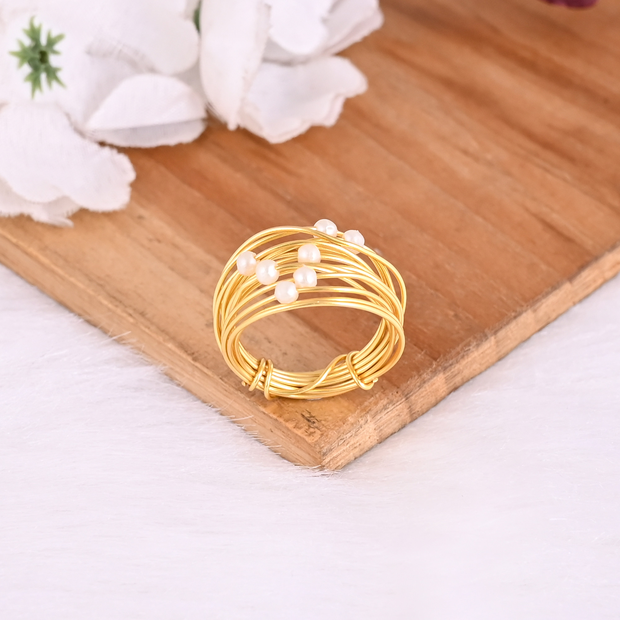 Wholesale Lot of 25 Stylish Yellow Gold Plated Brass Boho Statement Ring Handmade Designer Pearl Stone Jewelry for Women