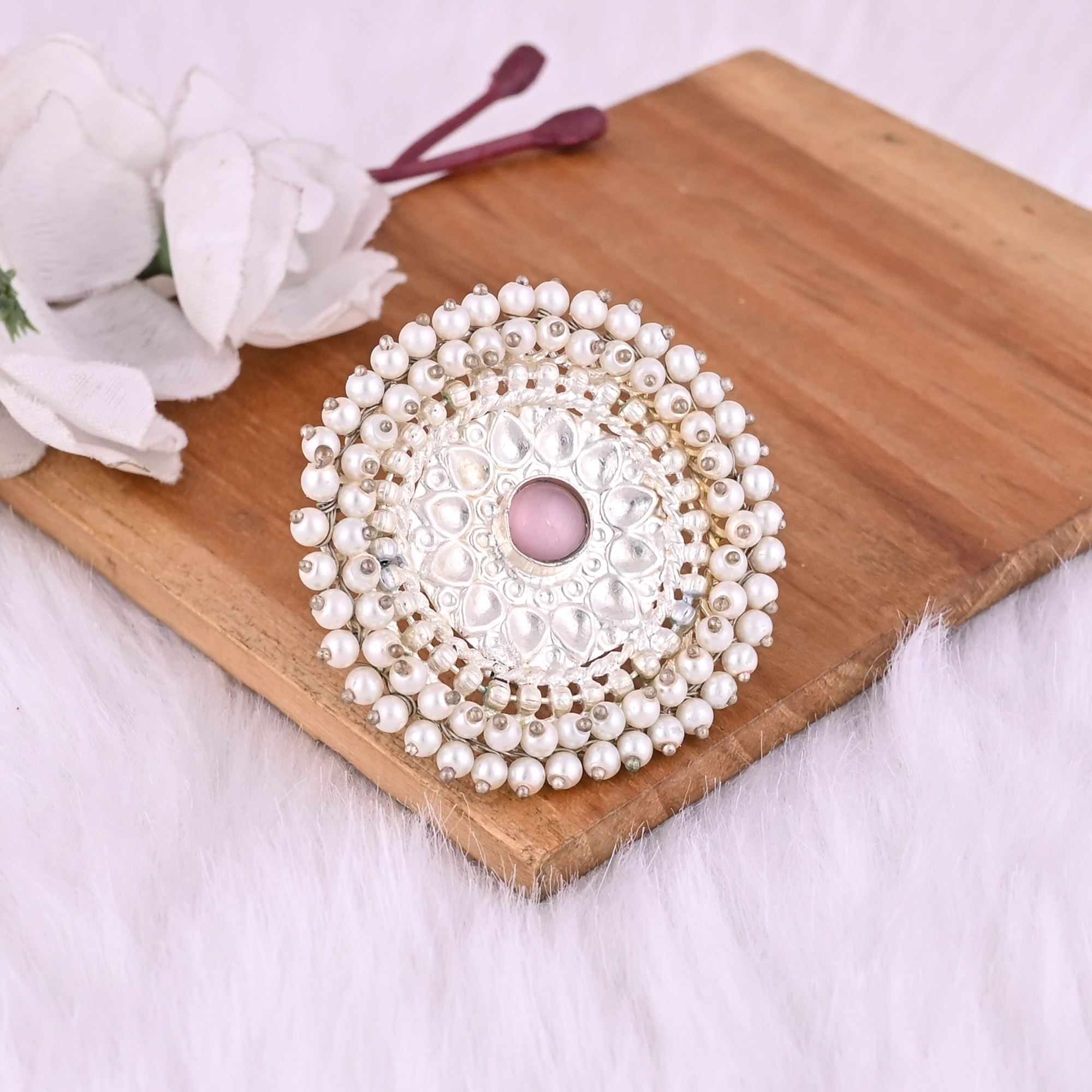 Pink Catseye Pearl Gemstone Floral Design Boho Adjustable Big Ring