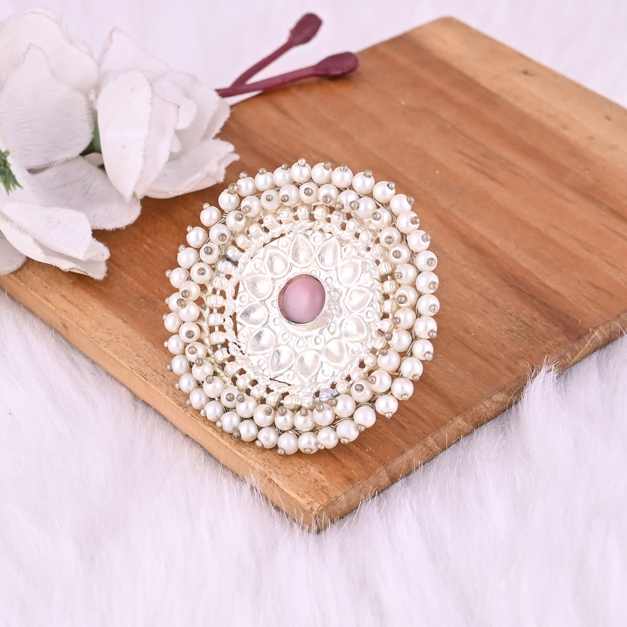 Pink Catseye Pearl Gemstone Floral Design Boho Adjustable Big Ring