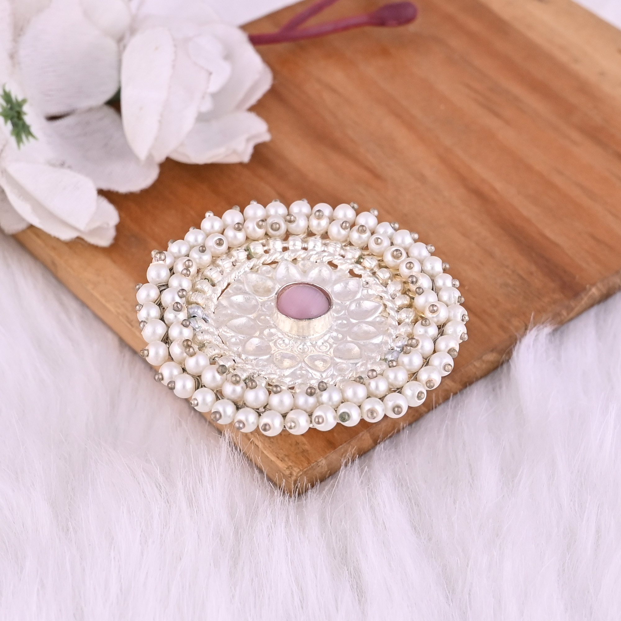 Pink Catseye Pearl Gemstone Floral Design Boho Adjustable Big Ring