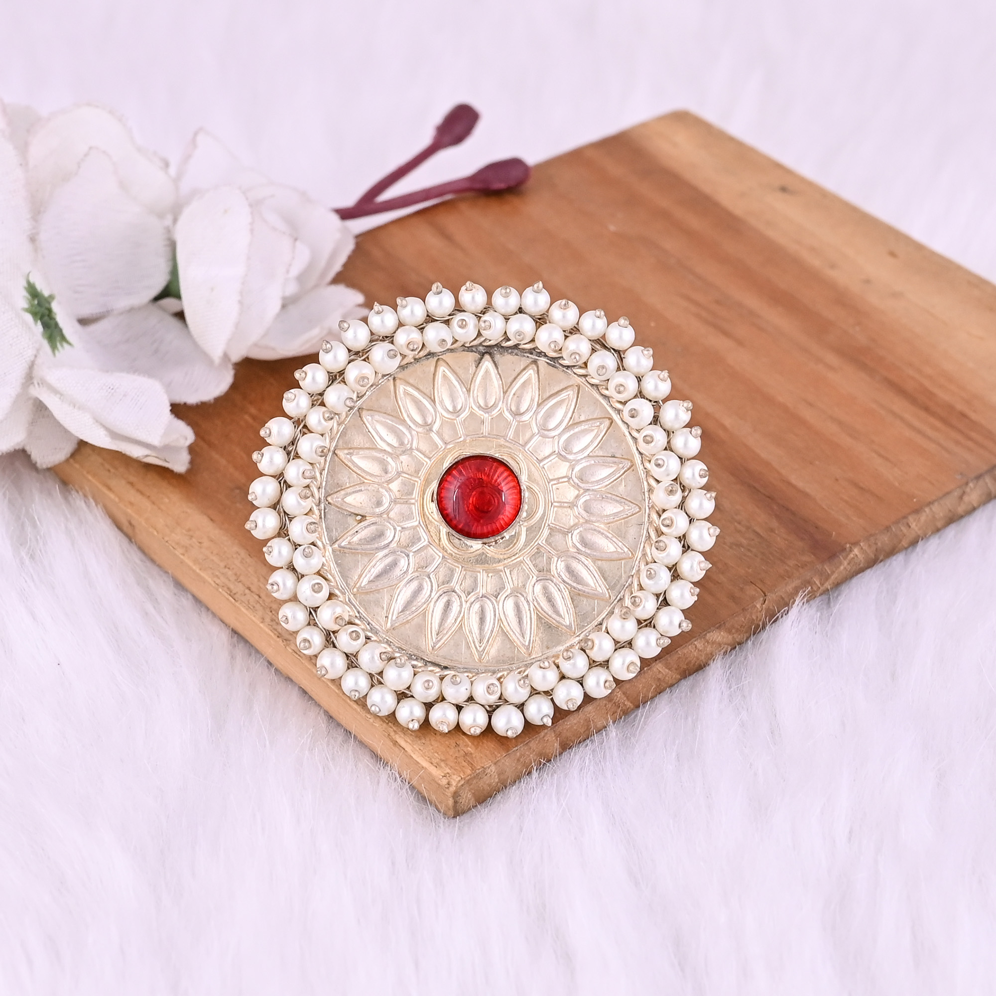 Red Hydro  Pearl Gemstone Floral Design Boho Adjustable Big Ring