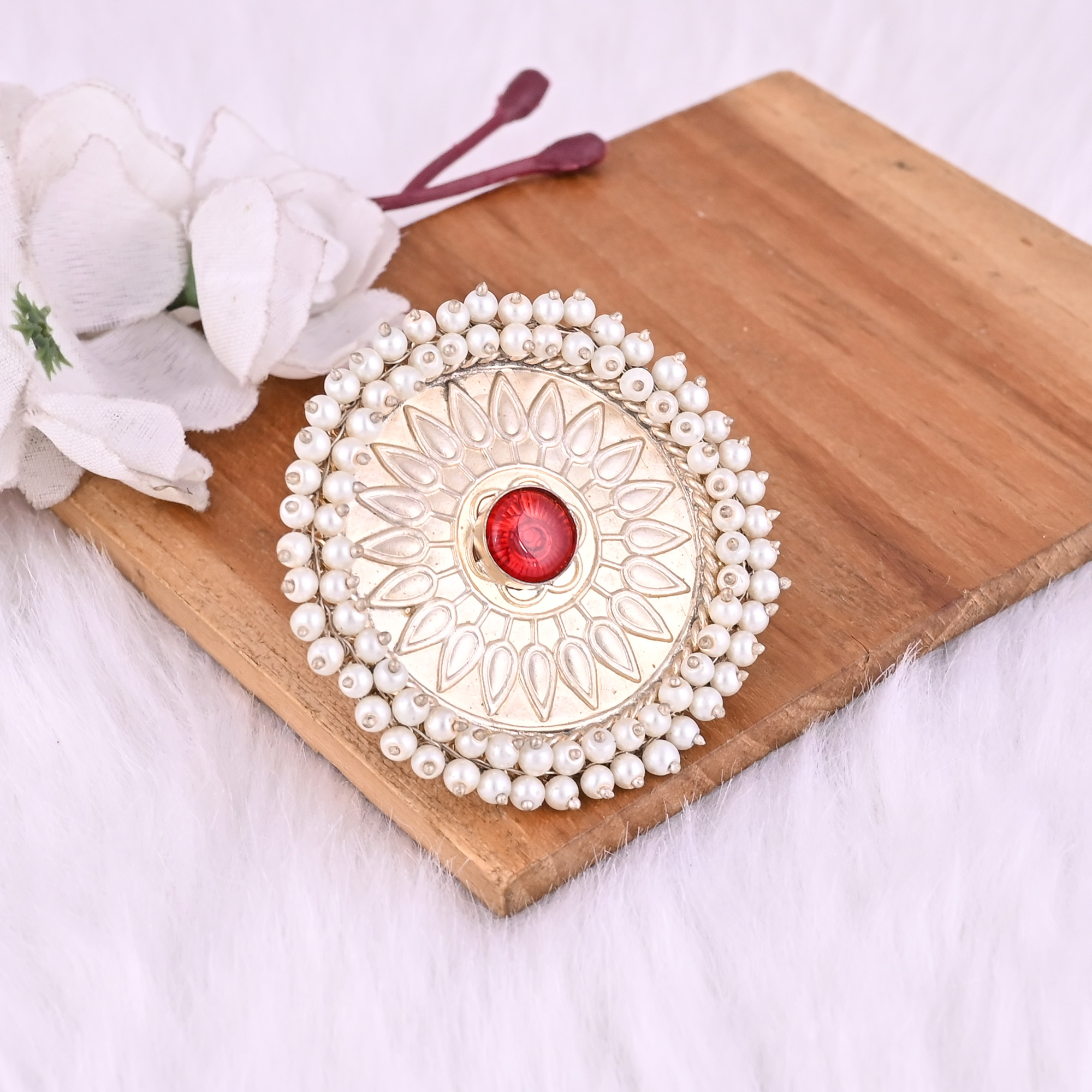Red Hydro  Pearl Gemstone Floral Design Boho Adjustable Big Ring