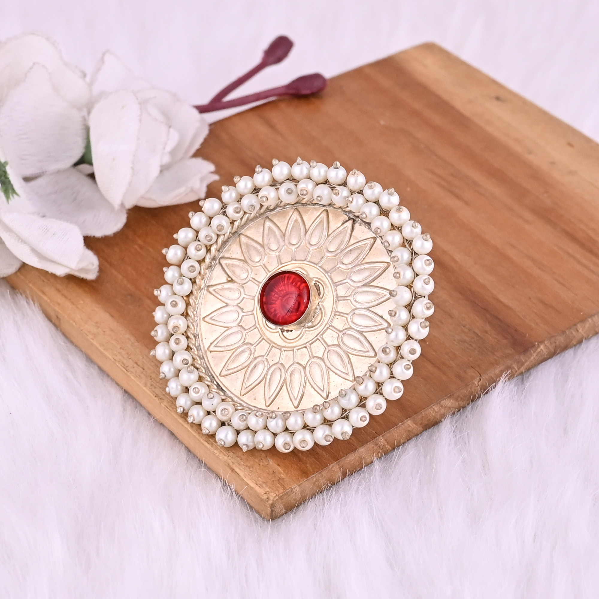 Red Hydro  Pearl Gemstone Floral Design Boho Adjustable Big Ring