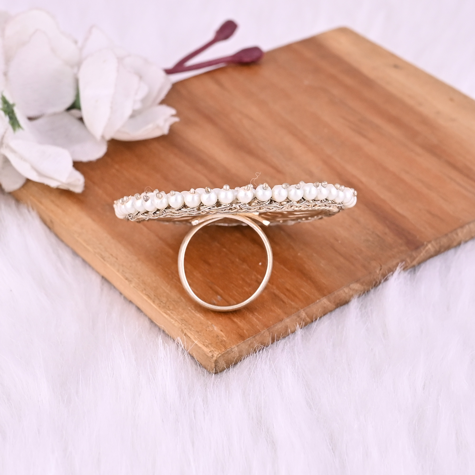 Red Hydro  Pearl Gemstone Floral Design Boho Adjustable Big Ring