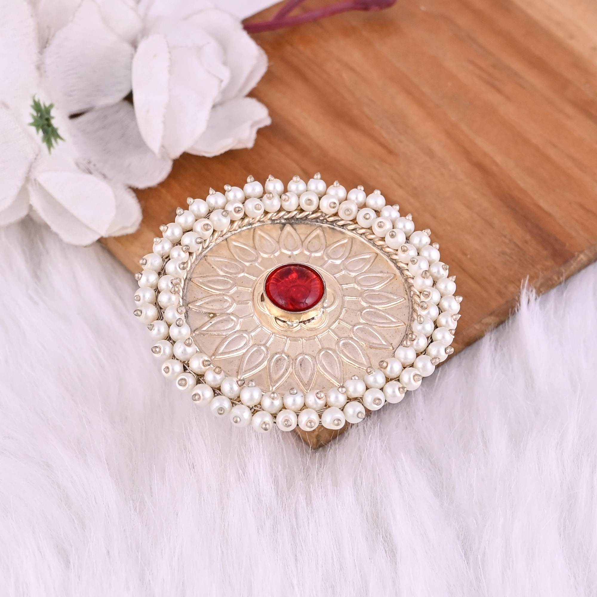 Red Hydro Pearl Gemstone Floral Design Boho Adjustable Big Ring