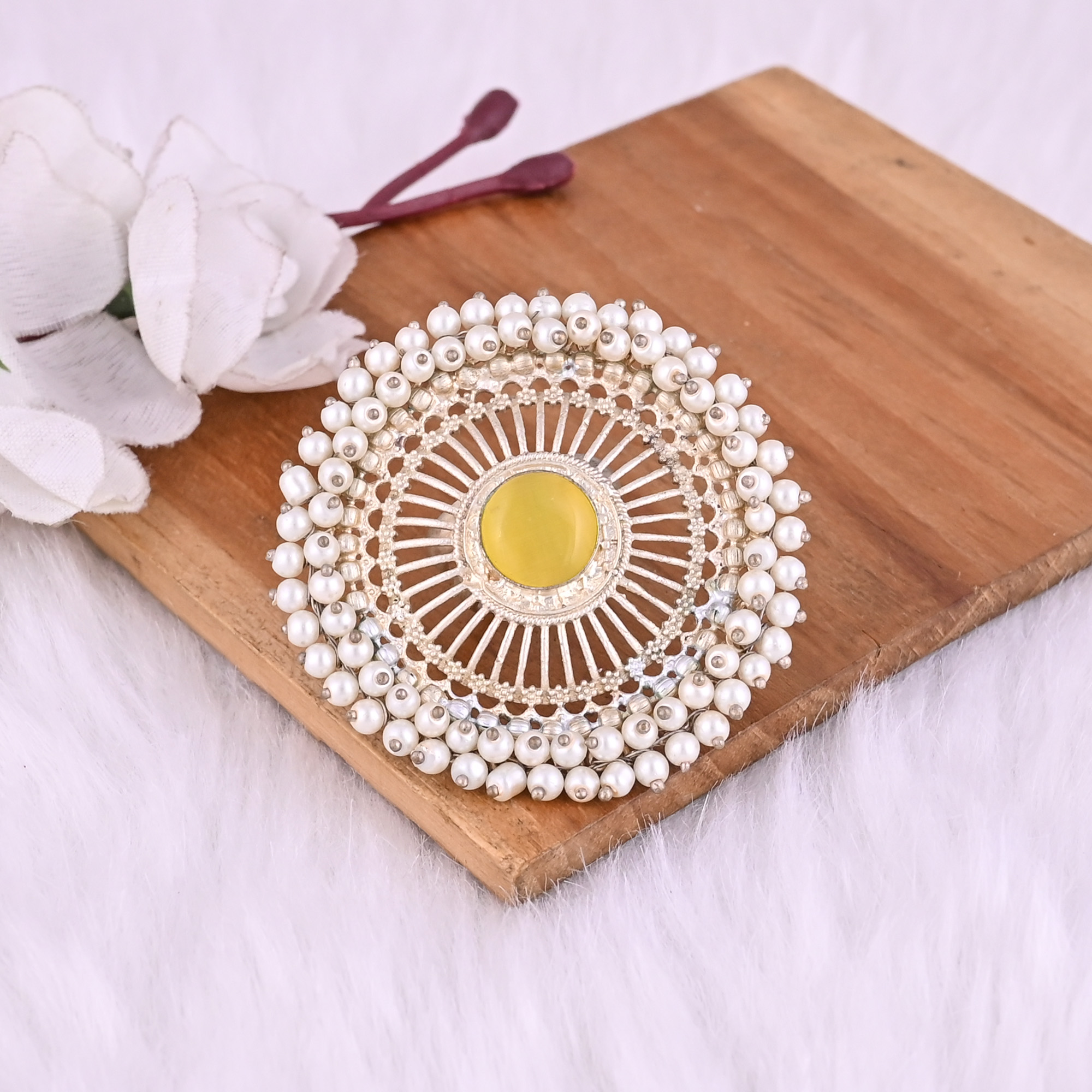 Yellow Catseye  Pearl Gemstone Floral Design Boho Adjustable Big Ring