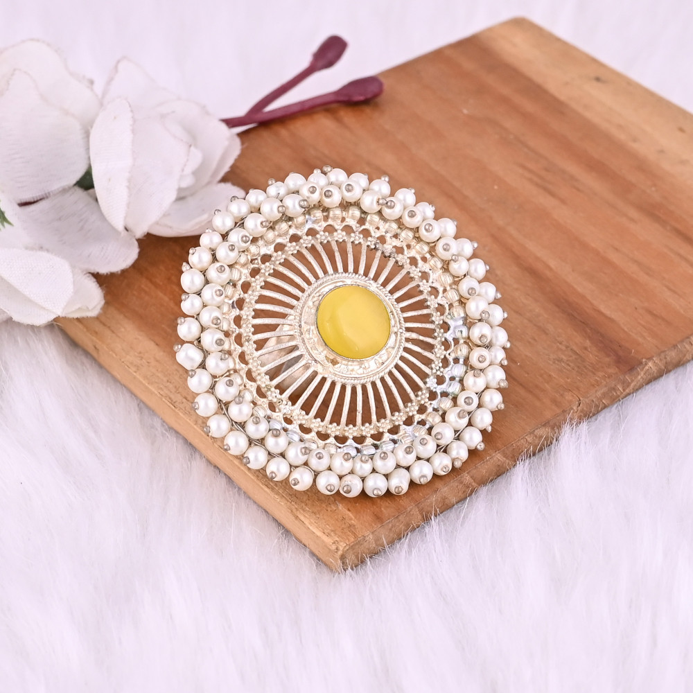 Image of Yellow Cats'eye &amp; Pearl Gemstone Floral Design Boho Adjustable Big Ring