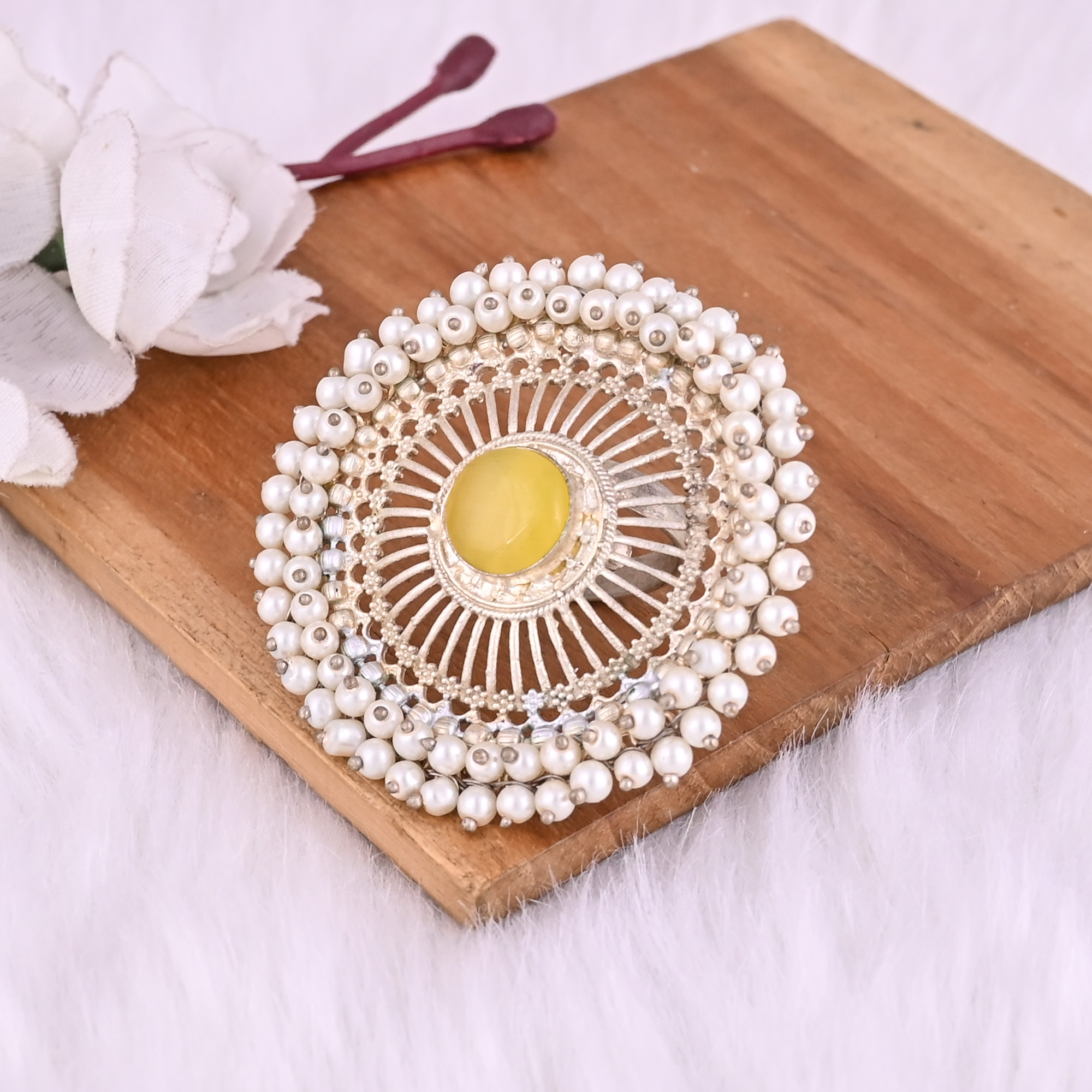 Yellow Catseye Pearl Gemstone Floral Design Boho Adjustable Big Ring