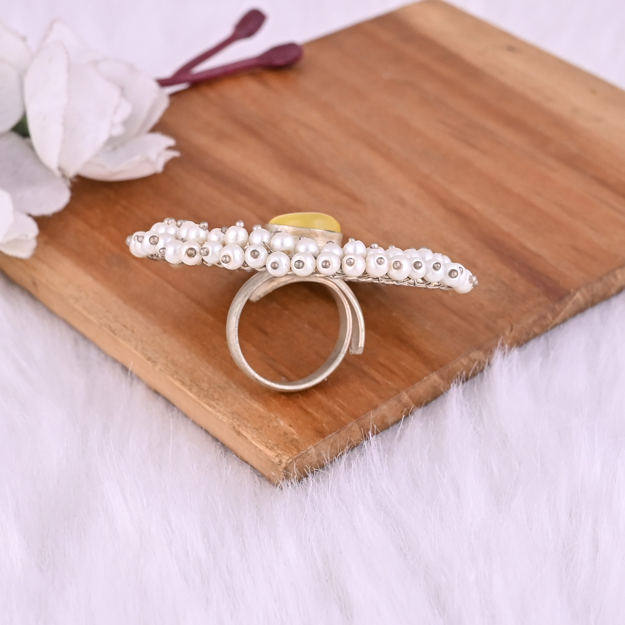 Yellow Catseye Pearl Gemstone Floral Design Boho Adjustable Big Ring