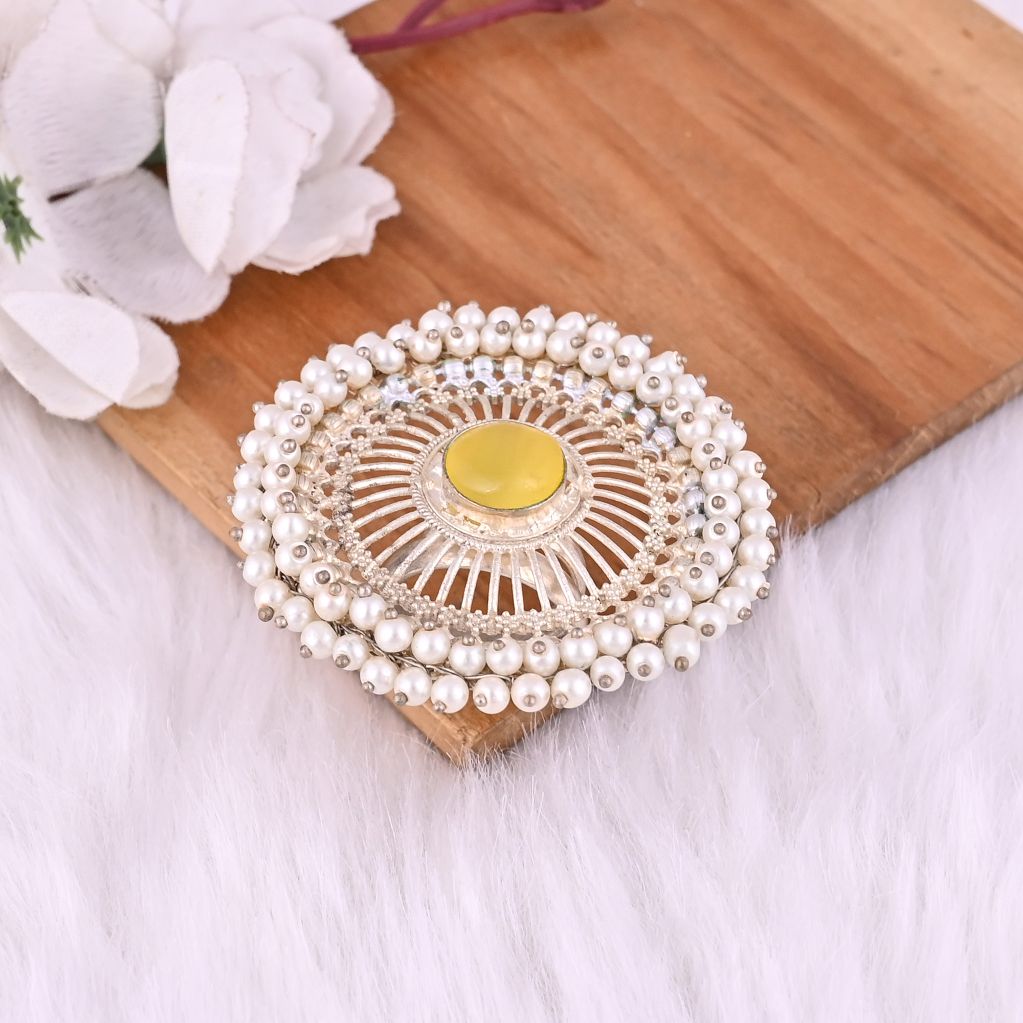 Yellow Catseye Pearl Gemstone Floral Design Boho Adjustable Big Ring