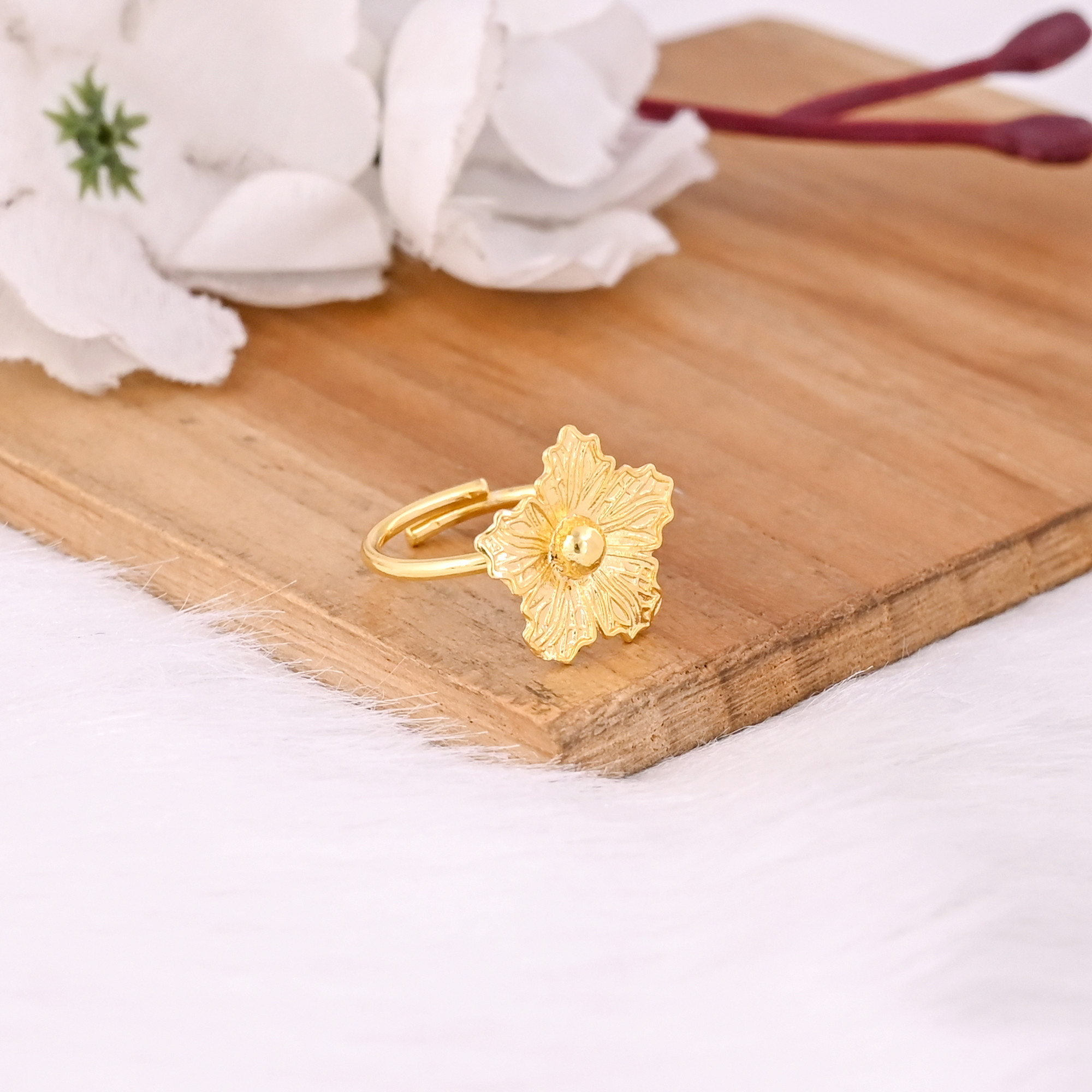 Womens Adjustable Floral Ring Yellow Gold Plated Brass Trendy Fashionable Jewelry for Anniversary Gift Wholesale Lot 25 Pieces