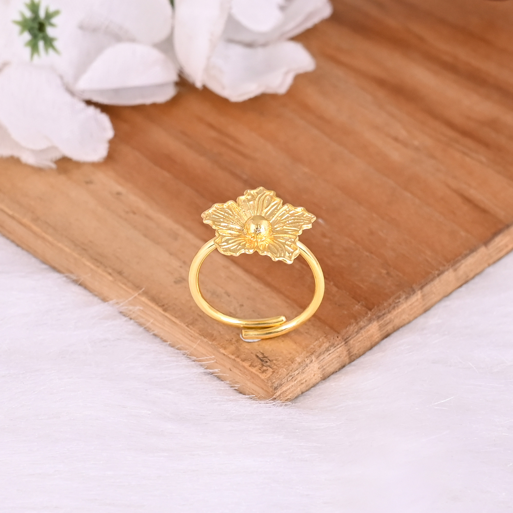 Womens Adjustable Floral Ring Yellow Gold Plated Brass Trendy Fashionable Jewelry for Anniversary Gift Wholesale Lot 25 Pieces