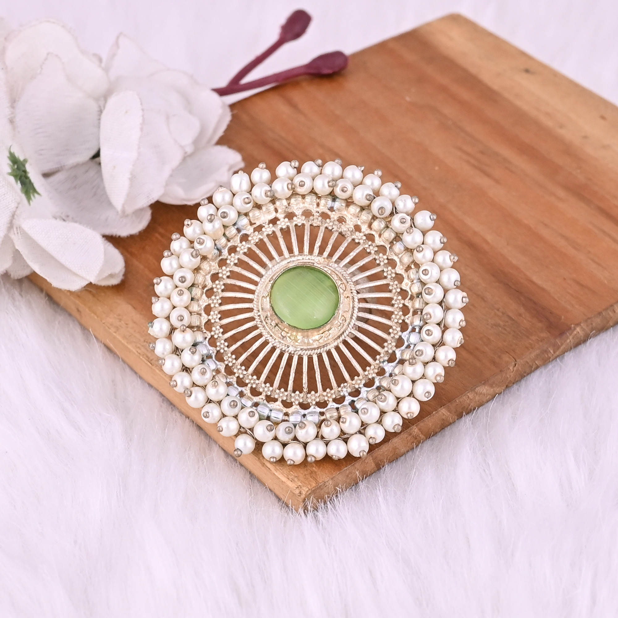 Green Catseye Pearl Gemstone Floral Design Boho Adjustable Big Ring