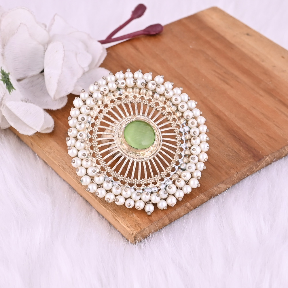 Image of Green Cats'eye &amp; Pearl Gemstone Floral Design Boho Adjustable Big Ring