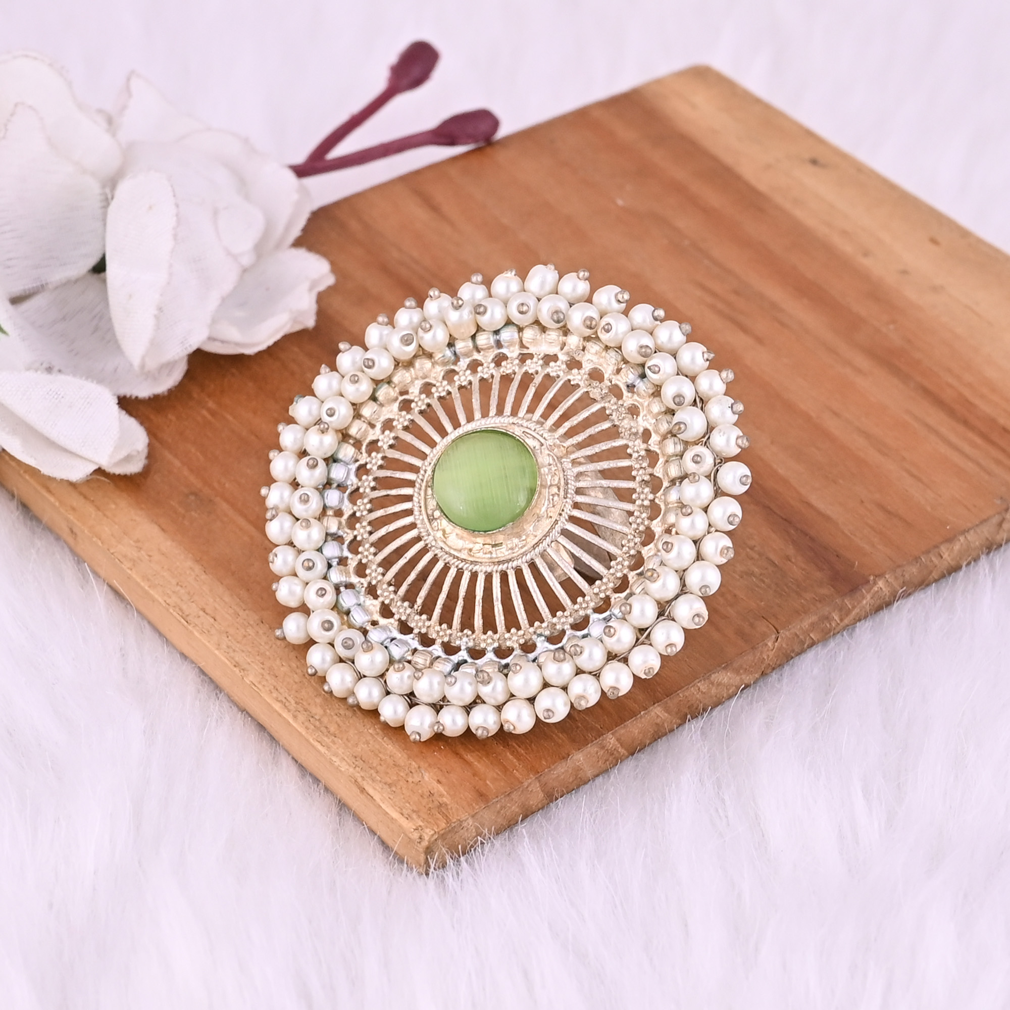 Green Catseye Pearl Gemstone Floral Design Boho Adjustable Big Ring