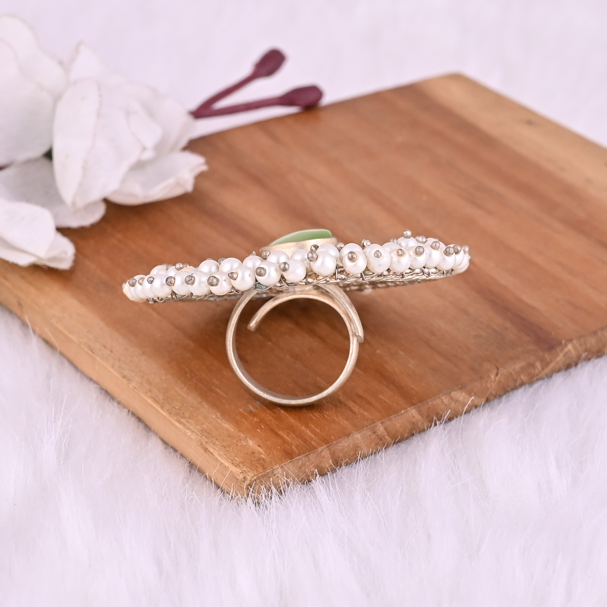 Green Catseye  Pearl Gemstone Floral Design Boho Adjustable Big Ring