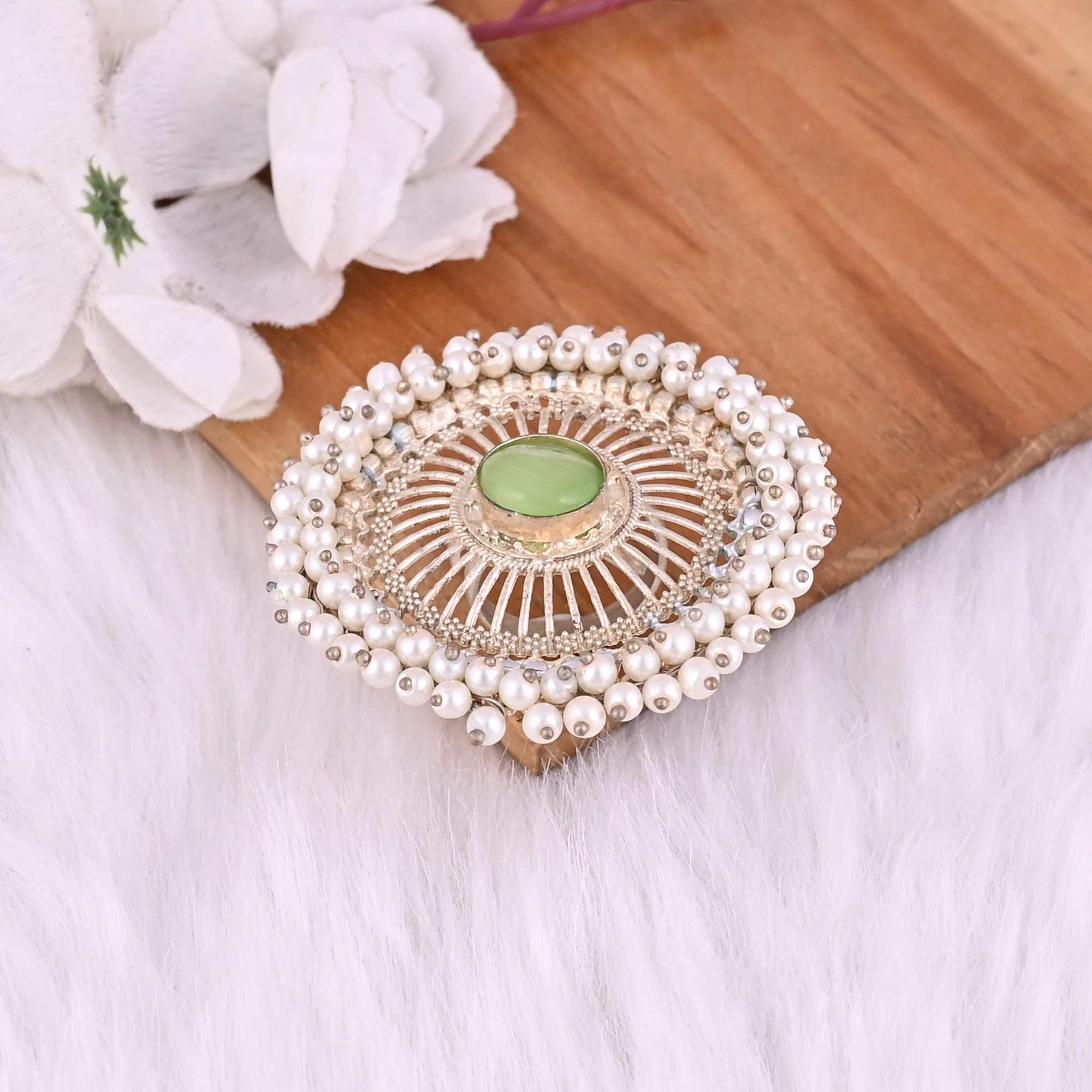 Green Catseye  Pearl Gemstone Floral Design Boho Adjustable Big Ring