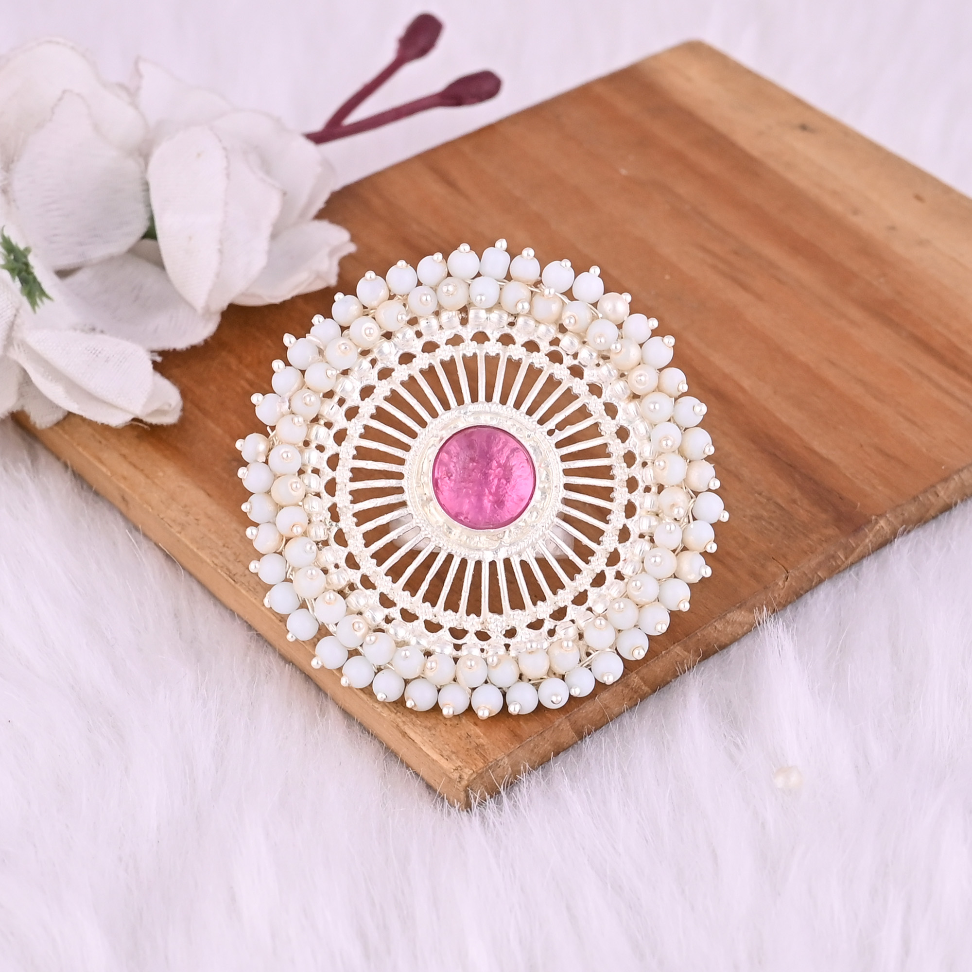Pink Hydro  Pearl Gemstone Floral Design Boho Adjustable Big Ring
