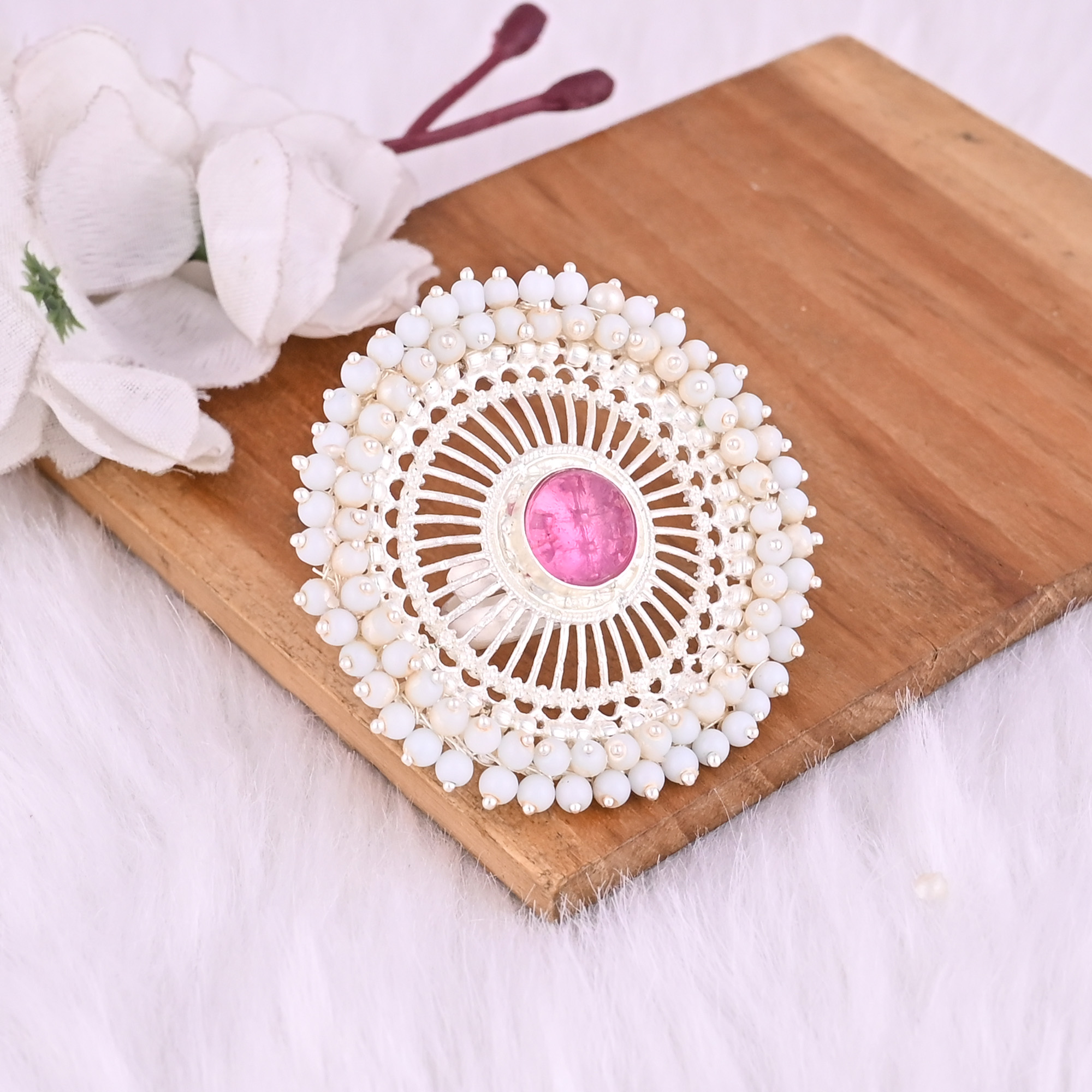 Pink Hydro  Pearl Gemstone Floral Design Boho Adjustable Big Ring