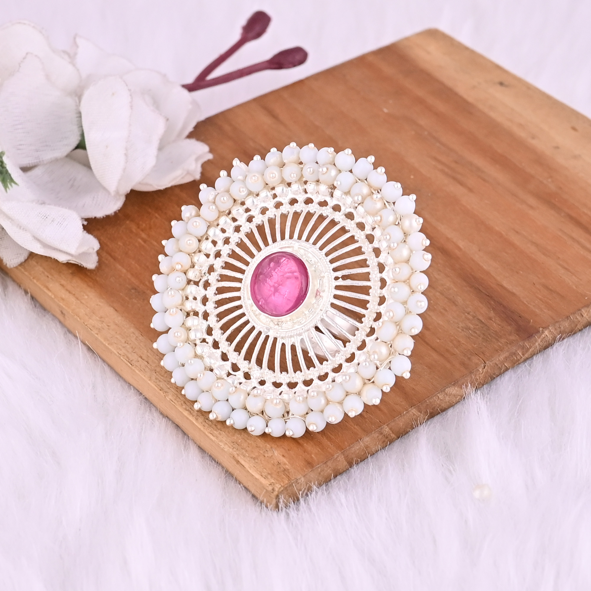 Pink Hydro  Pearl Gemstone Floral Design Boho Adjustable Big Ring
