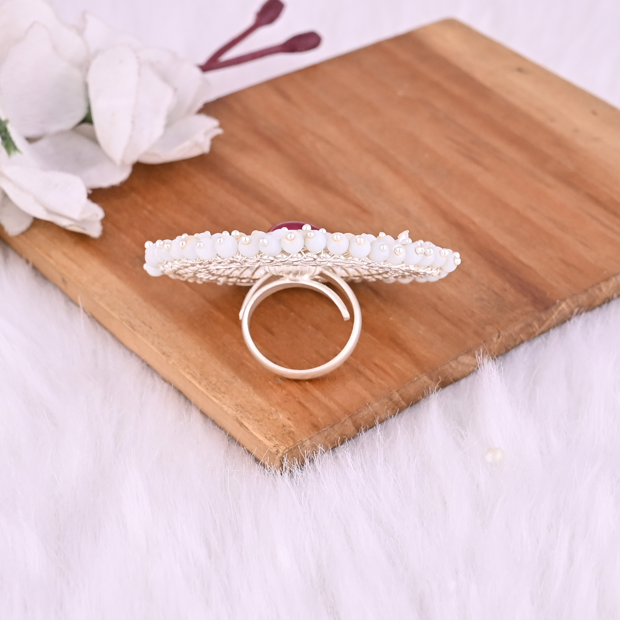 Pink Hydro Pearl Gemstone Floral Design Boho Adjustable Big Ring