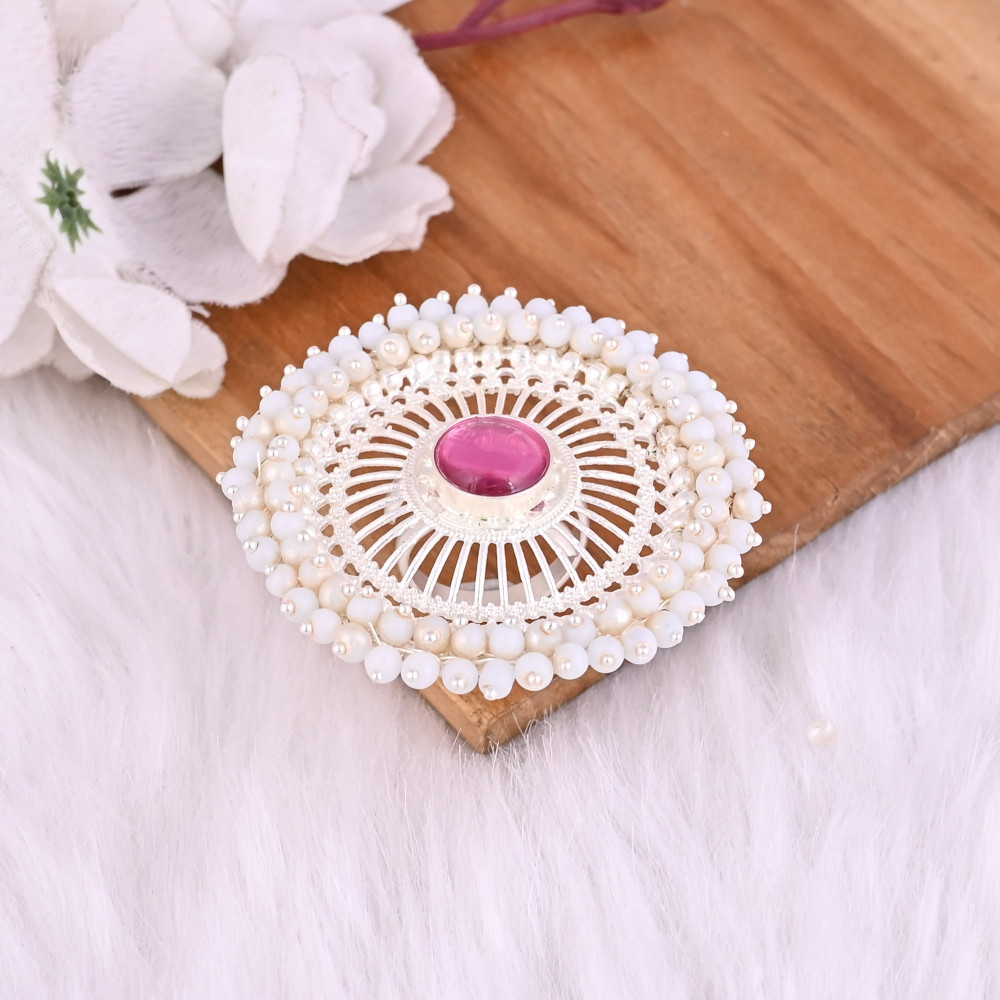 Image of Pink Hydro &amp; Pearl Gemstone Floral Design Boho Adjustable Big Ring